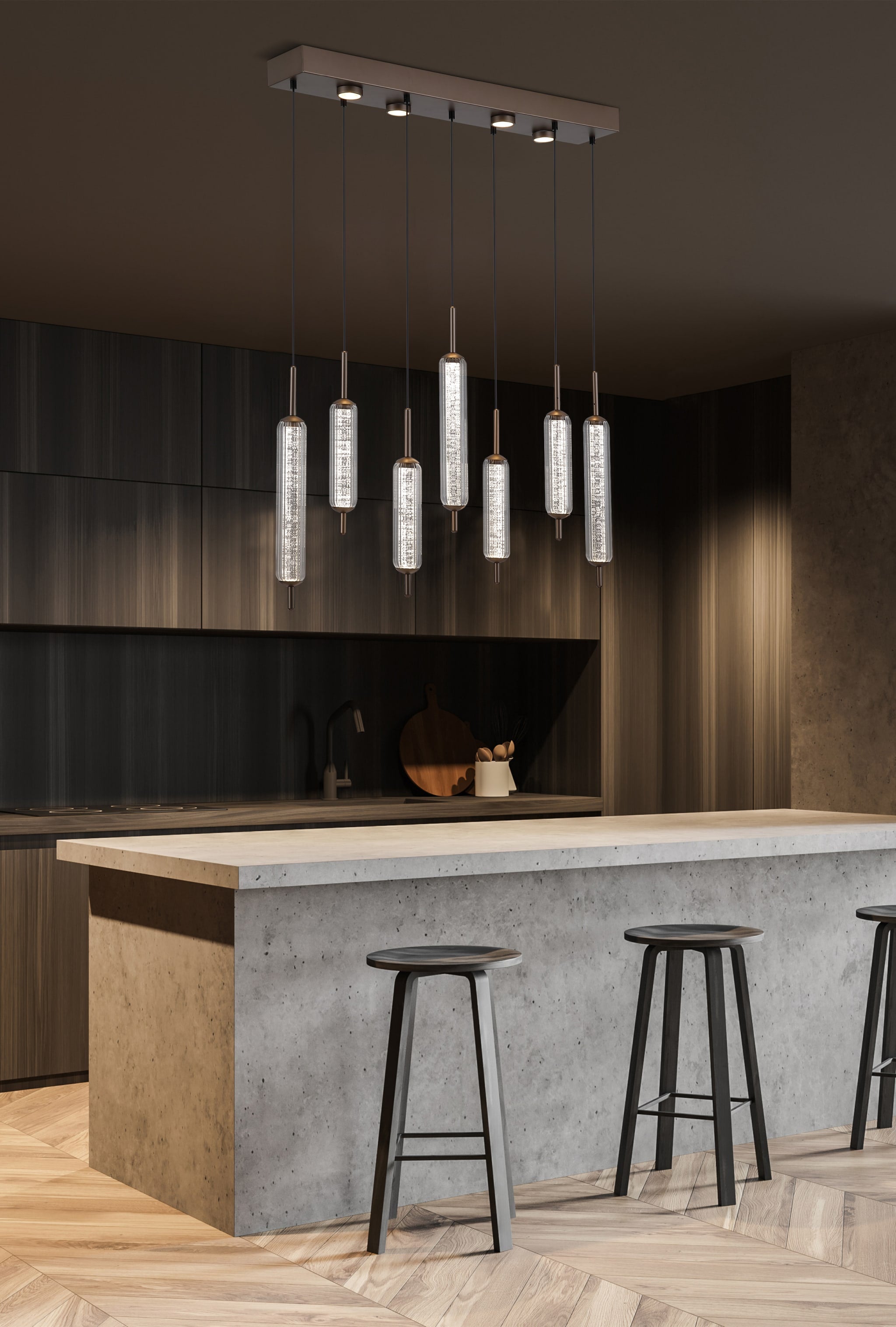 Cattail 7Lt LED Pendant lamp Latte metal with clear glass