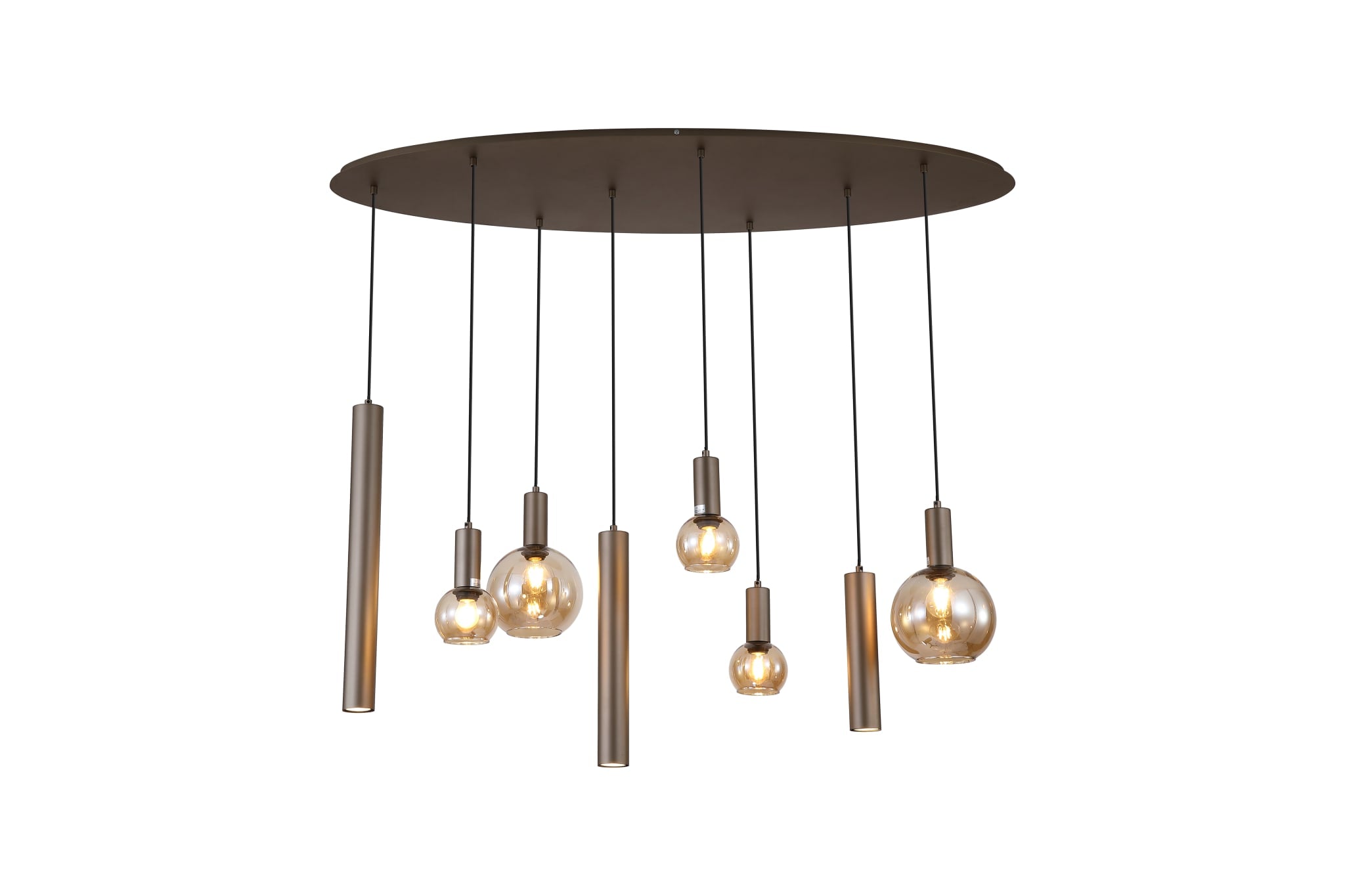 Lyon 8Lt Pendant, Latte Metal and Amber Glass