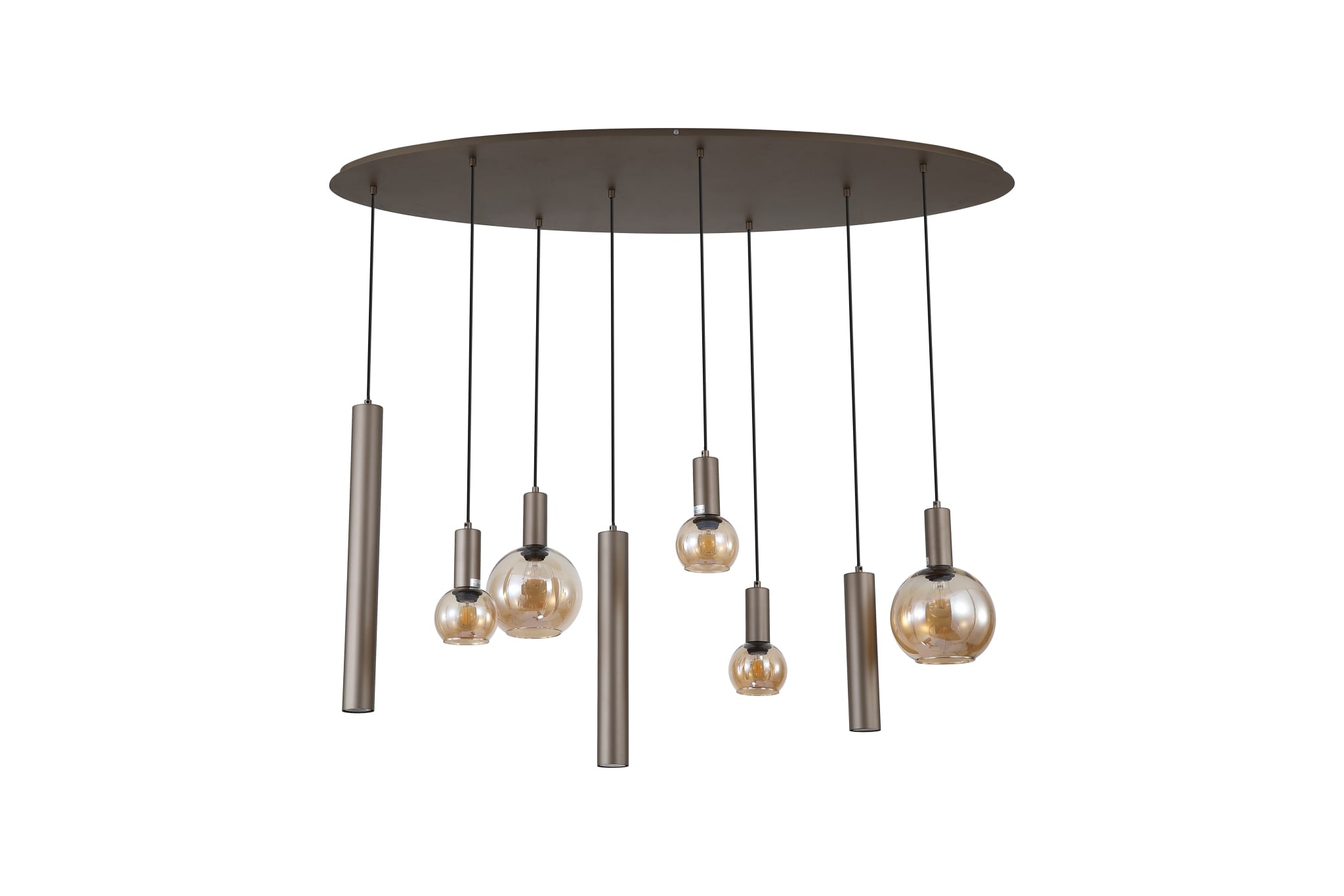 Lyon 8Lt Pendant, Latte Metal and Amber Glass
