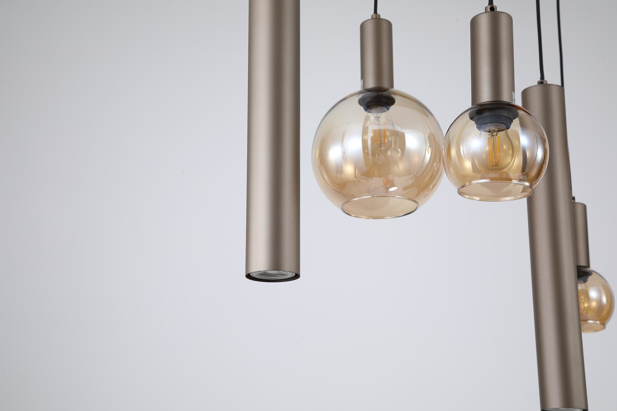 Lyon 8Lt Pendant, Latte Metal and Amber Glass