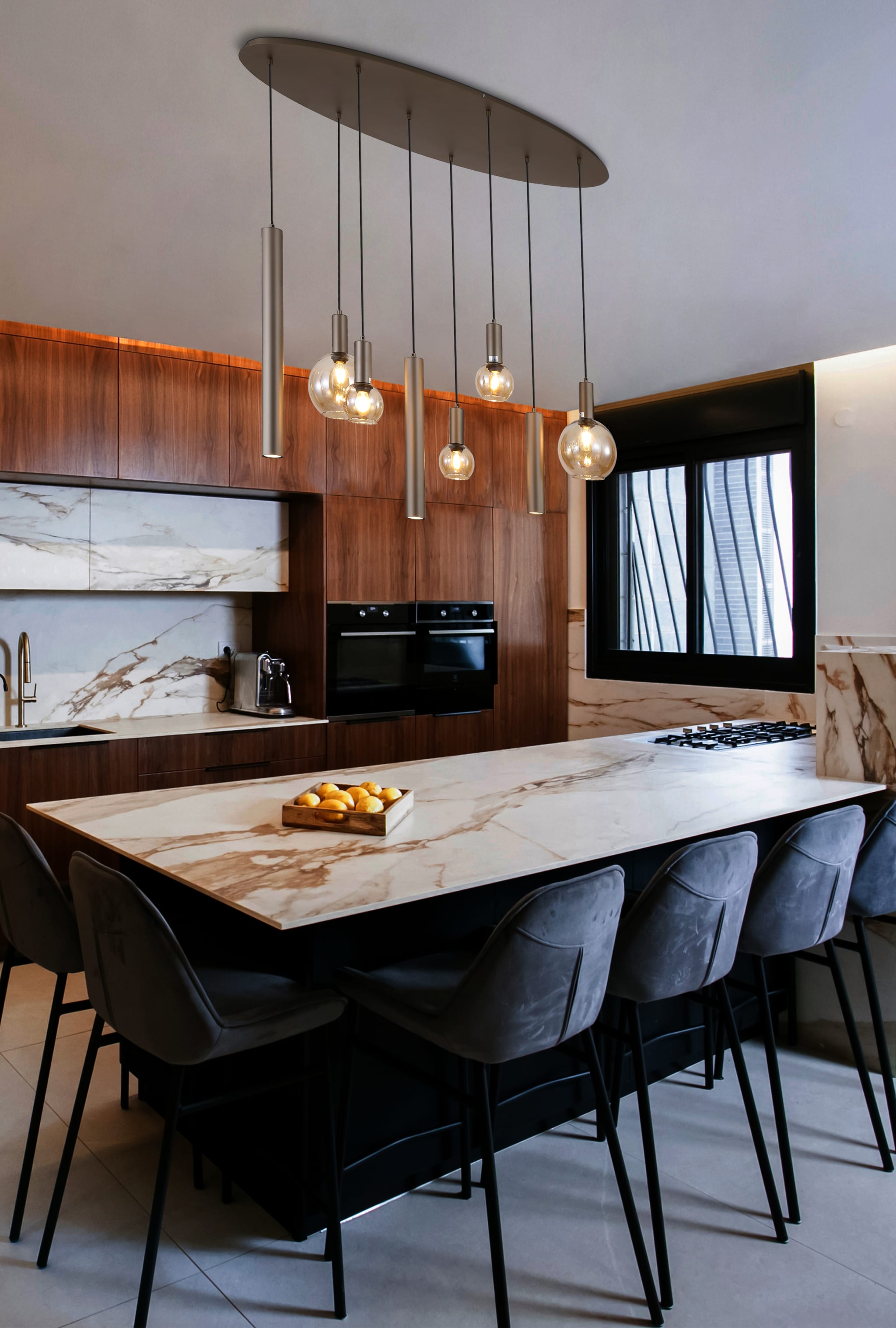 Lyon 8Lt Pendant, Latte Metal and Amber Glass