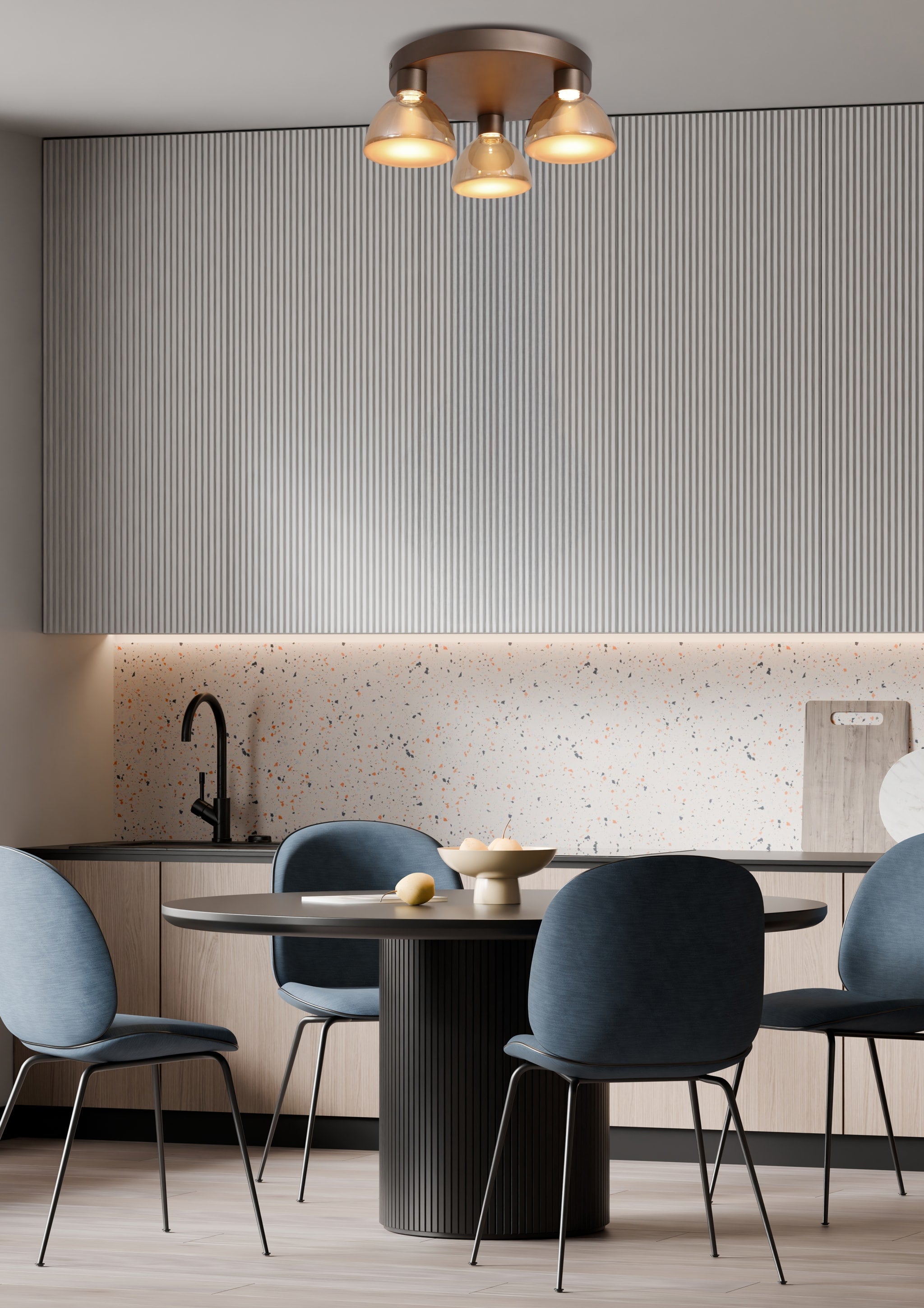 Cannes LED 3Lt Flush, Latte Metal and Amber Glass