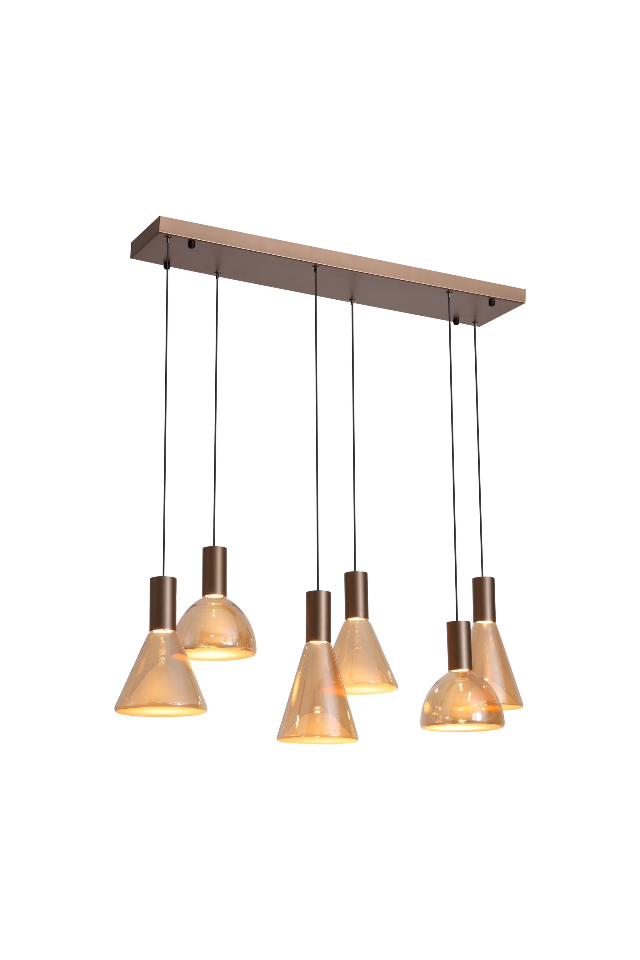 Cannes LED 6Lt Pendant, Latte Metal and Amber Glass
