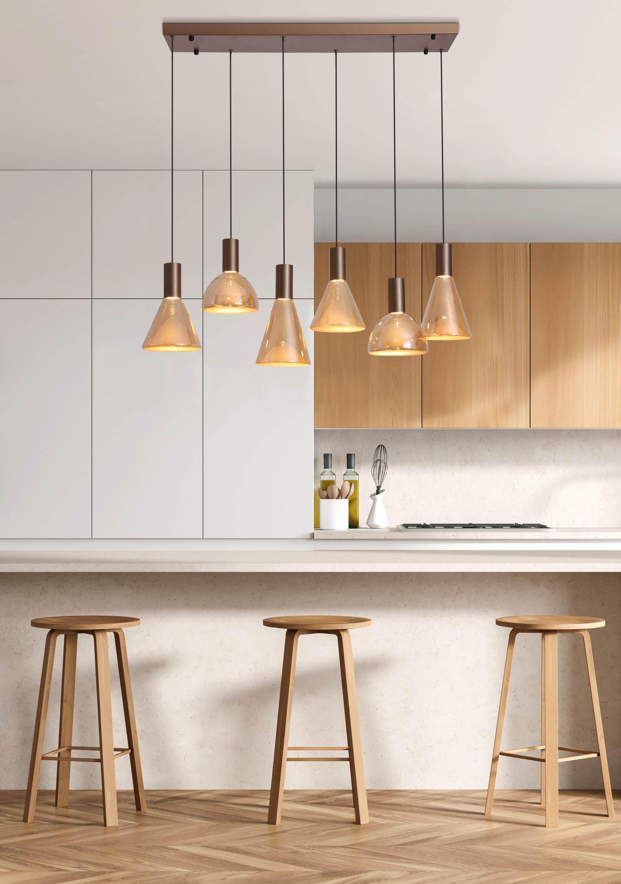 Cannes LED 6Lt Pendant, Latte Metal and Amber Glass
