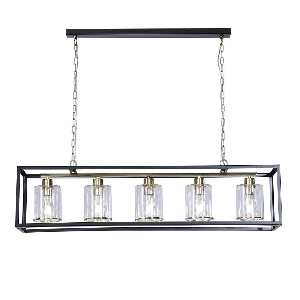 Lux & Belle 5LT Pendant-MattBlack&SatinBrass Metal,Clear Glass
