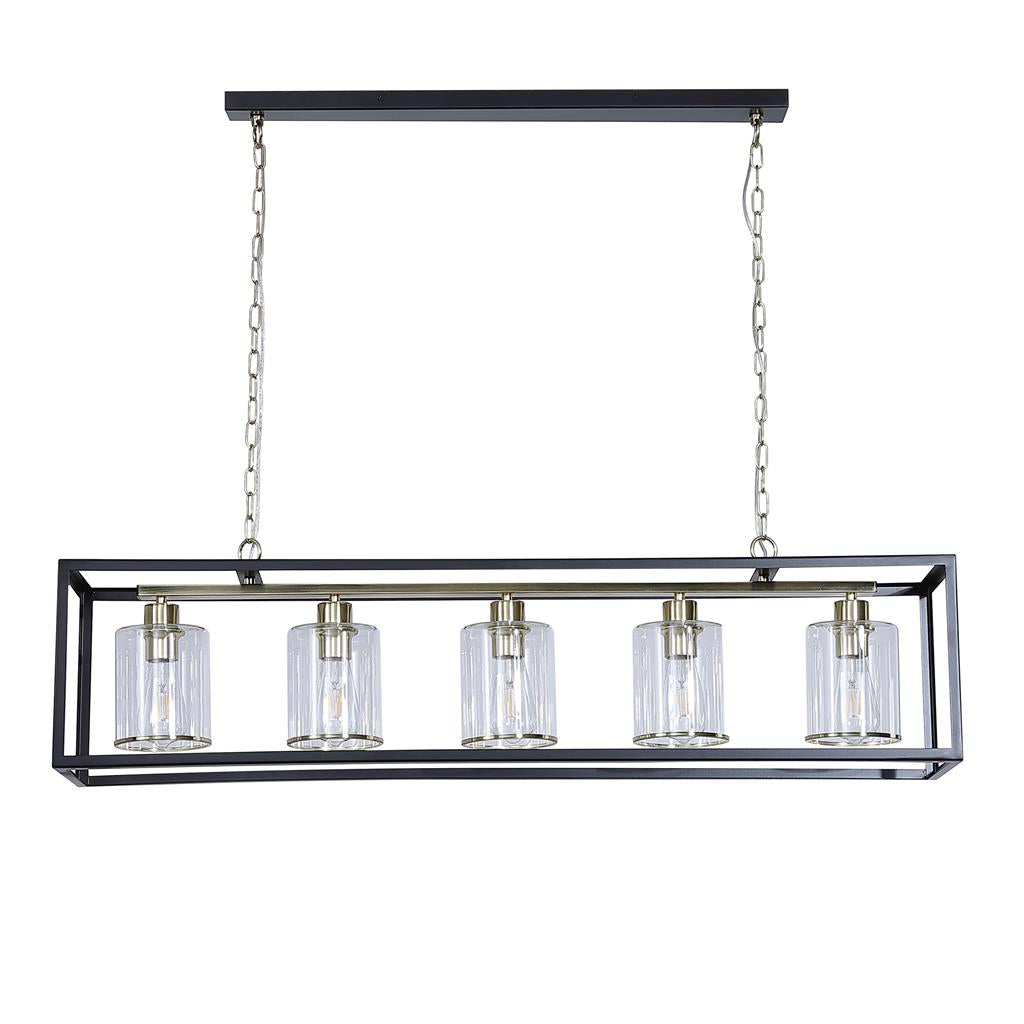Lux & Belle 5LT Pendant-MattBlack&SatinBrass Metal,Clear Glass