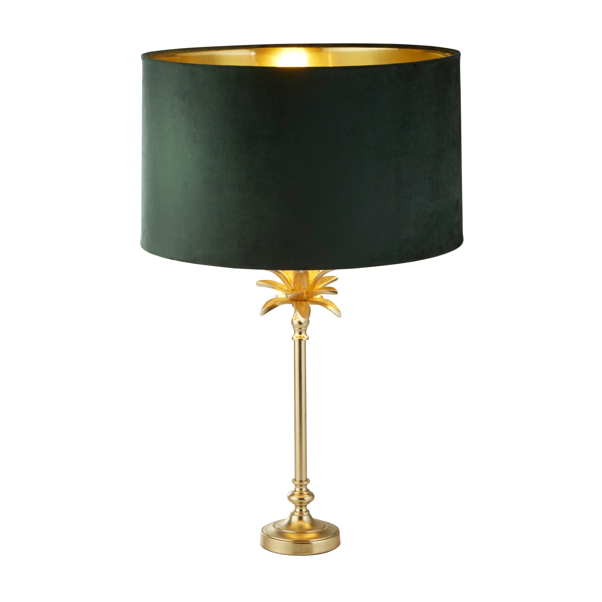 Palm Table Lamp - Antique Brass & Black, Green Velvet Shade Satin Brass -Green Velvet