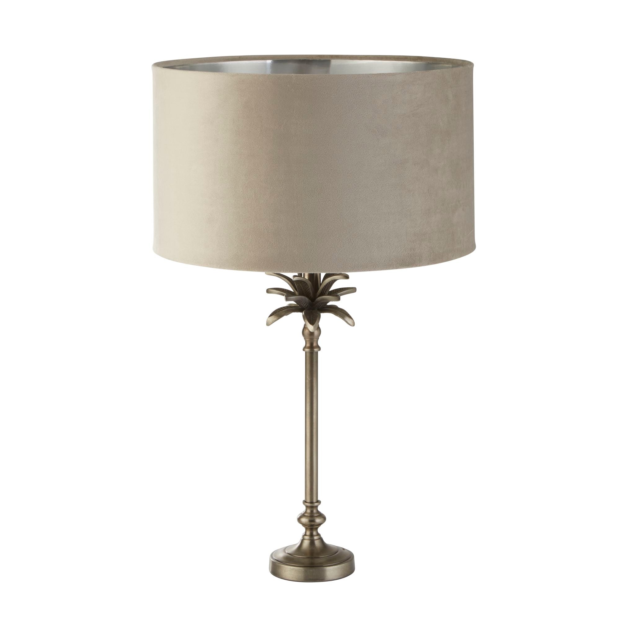 Palm Table Lamp - Antique Brass & Black, Green Velvet Shade Antique Nickel - Taupe Velvet