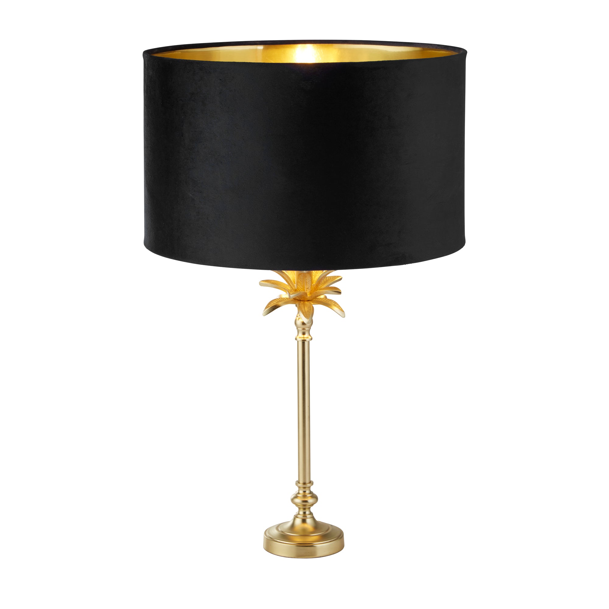 Palm Table Lamp - Antique Brass & Black, Green Velvet Shade Satin Brass -Black Velvet