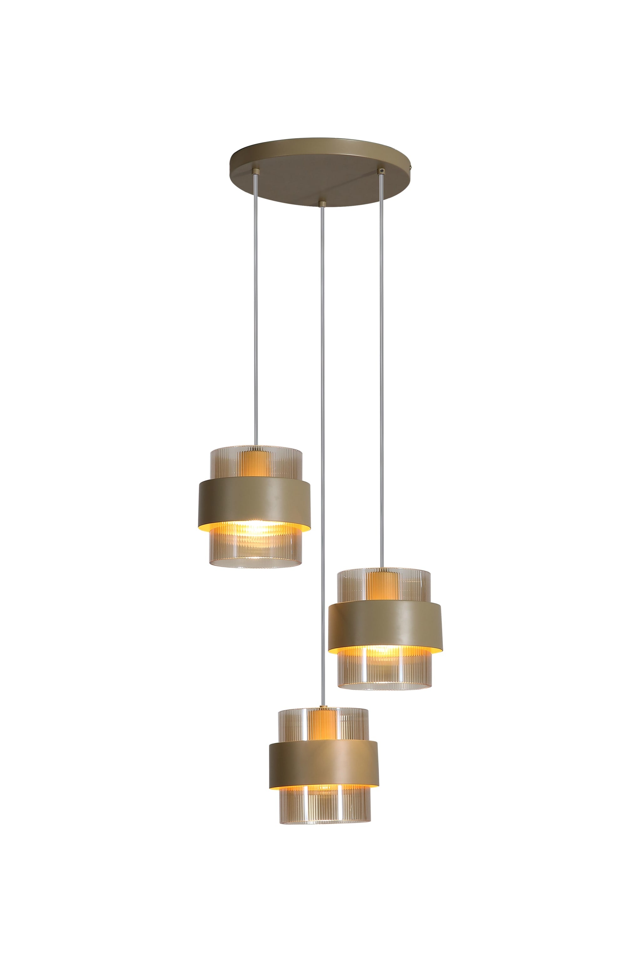 Royal 3Lt Multi Drop Pendant, Sand Metal, Amber Ribbed Glass