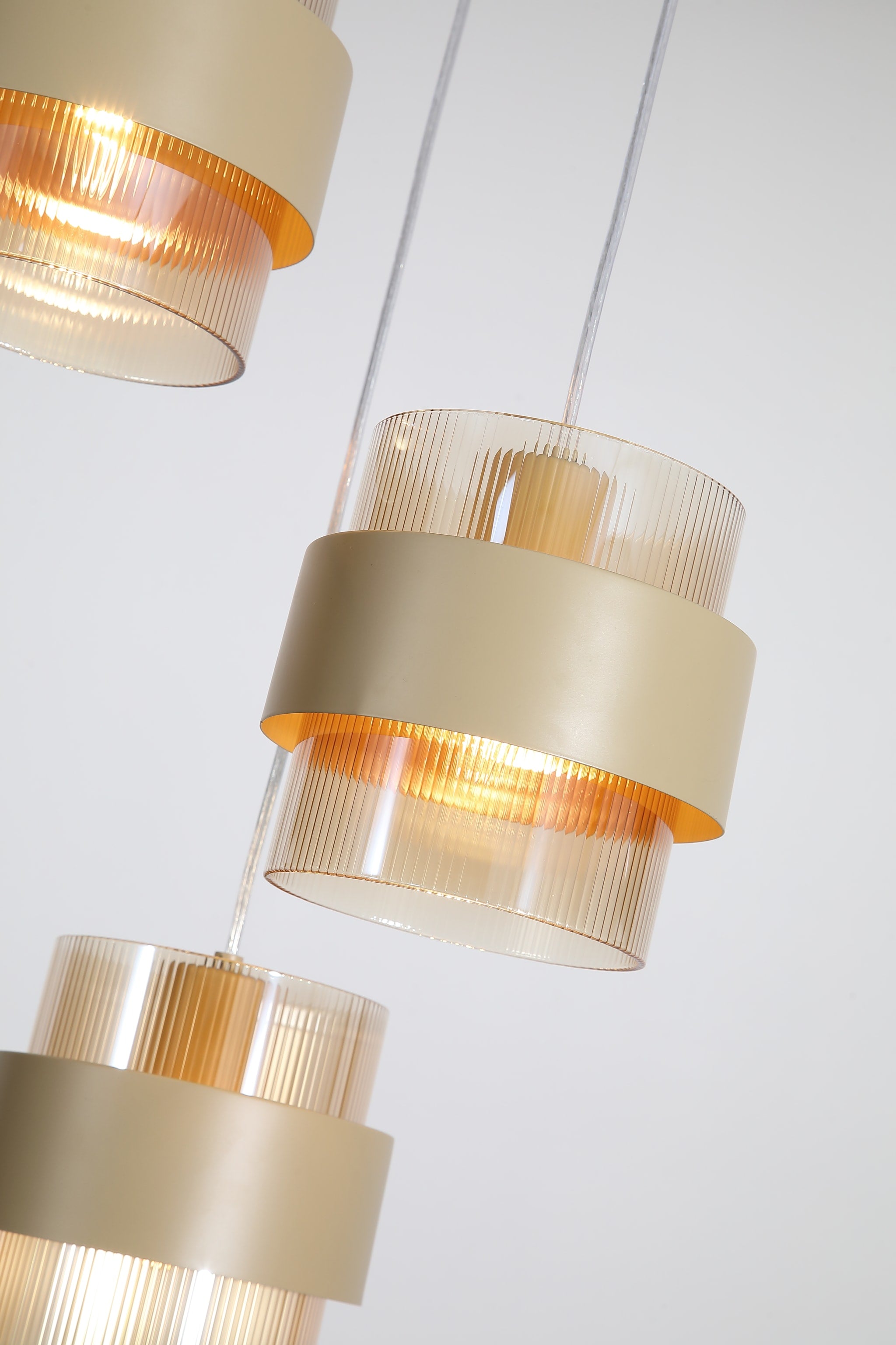 Royal 3Lt Multi Drop Pendant, Sand Metal, Amber Ribbed Glass