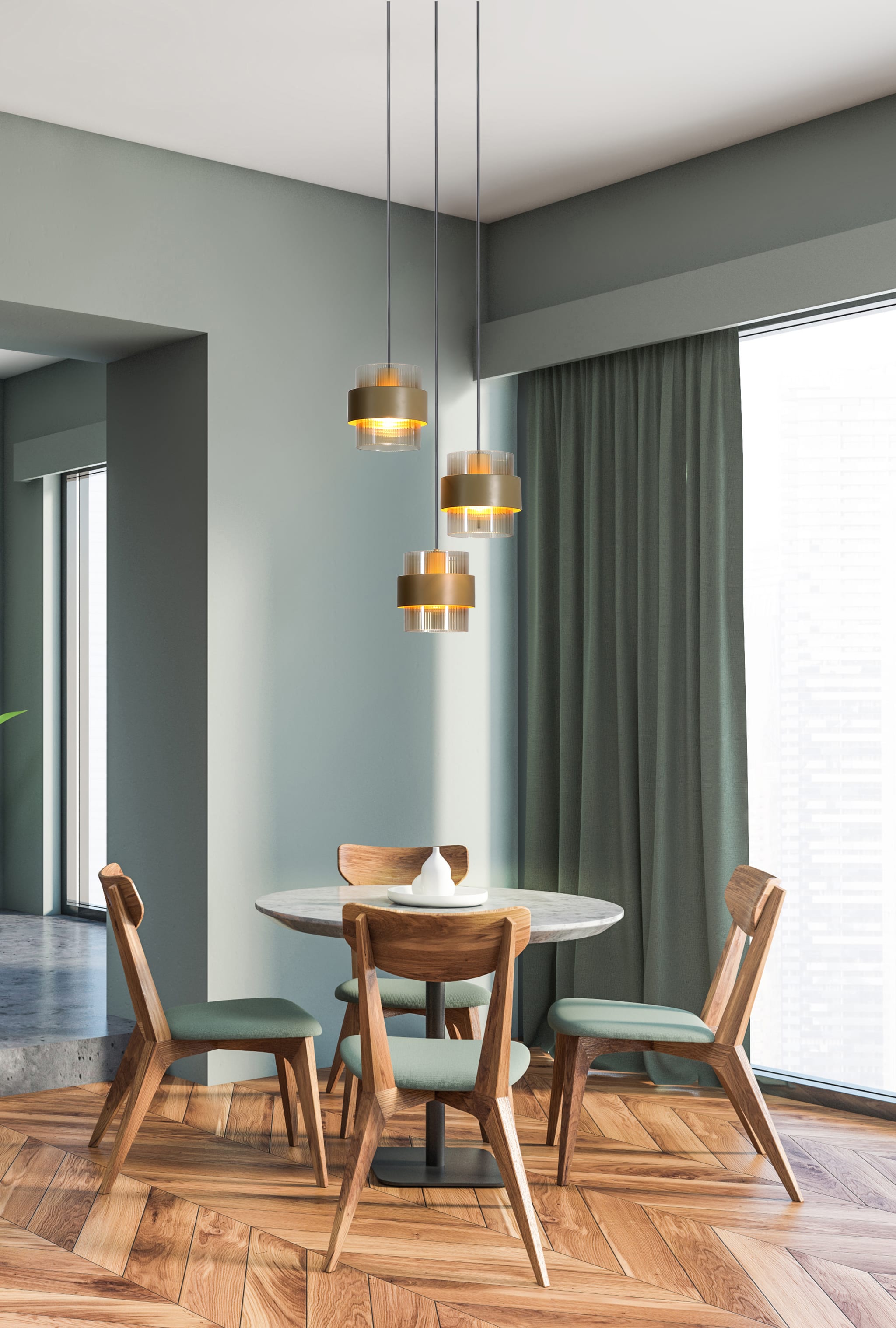 Royal 3Lt Multi Drop Pendant, Sand Metal, Amber Ribbed Glass