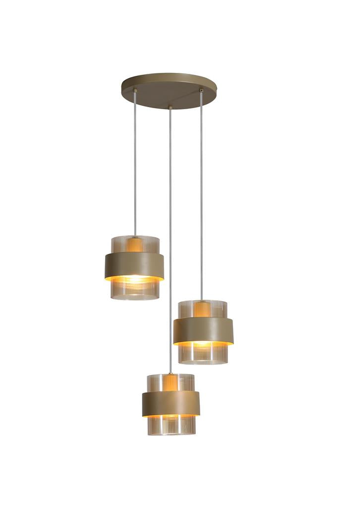 Royal 3Lt Multi Drop Pendant, Sand Metal, Amber Ribbed Glass