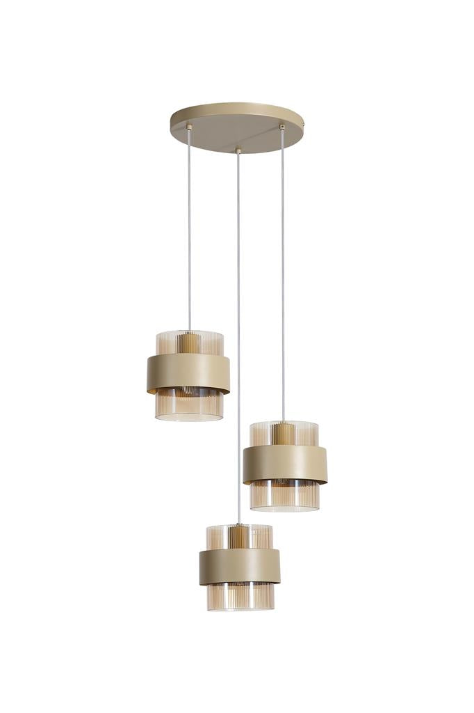 Royal 3Lt Multi Drop Pendant, Sand Metal, Amber Ribbed Glass