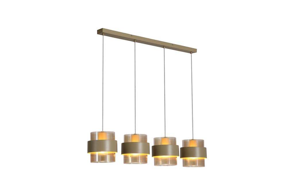 Royal 4Lt Bar Pendant, Sand Metal, Amber Ribbed Glass