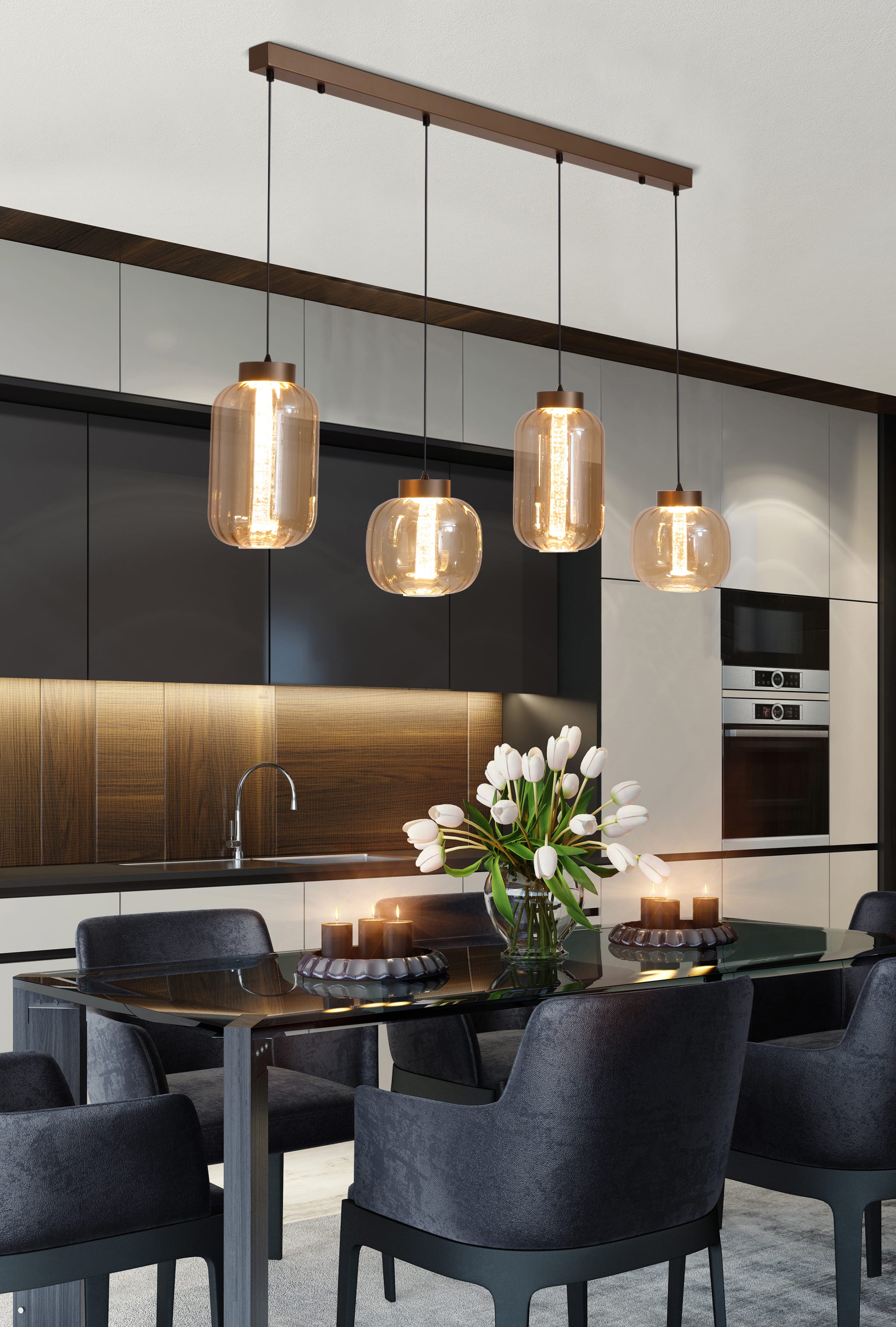 Lille LED 4Lt LED Pendant, Latte Metal and Amber Glass