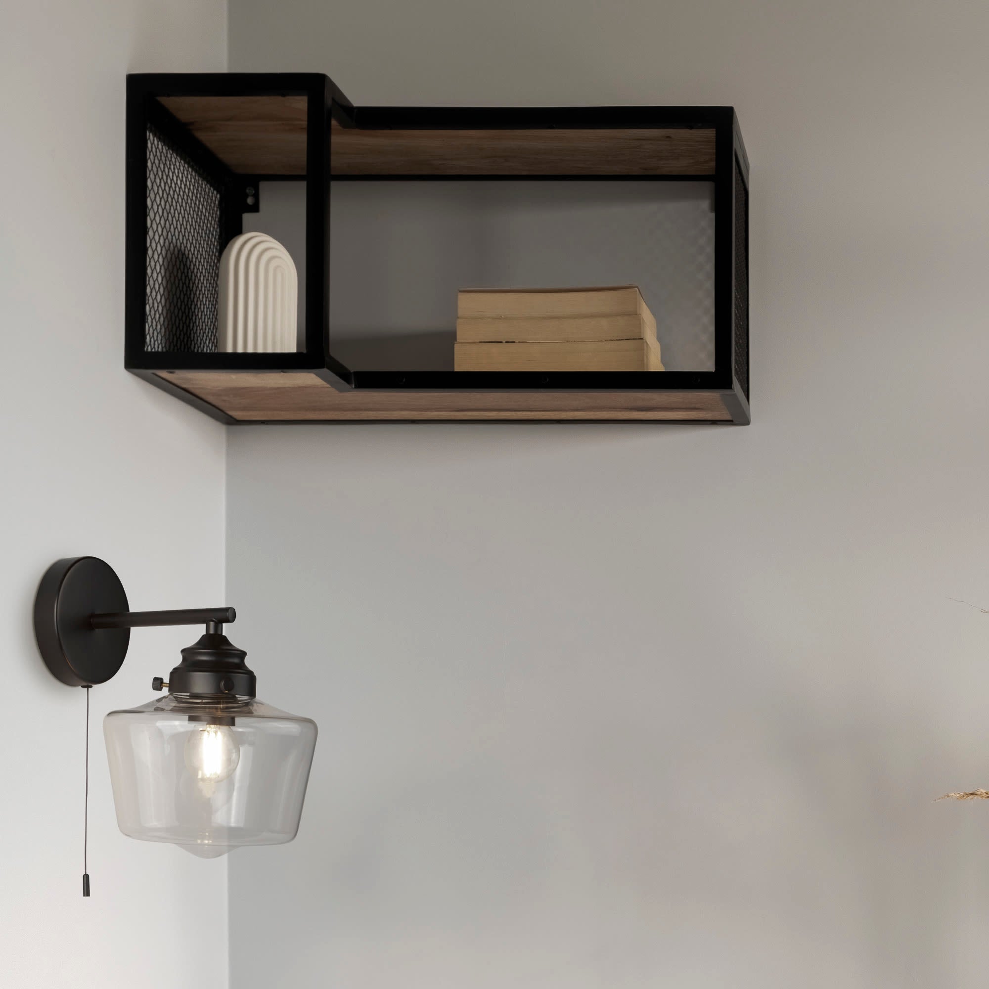 School House Wall Light  - Black Metal & Clear Glass