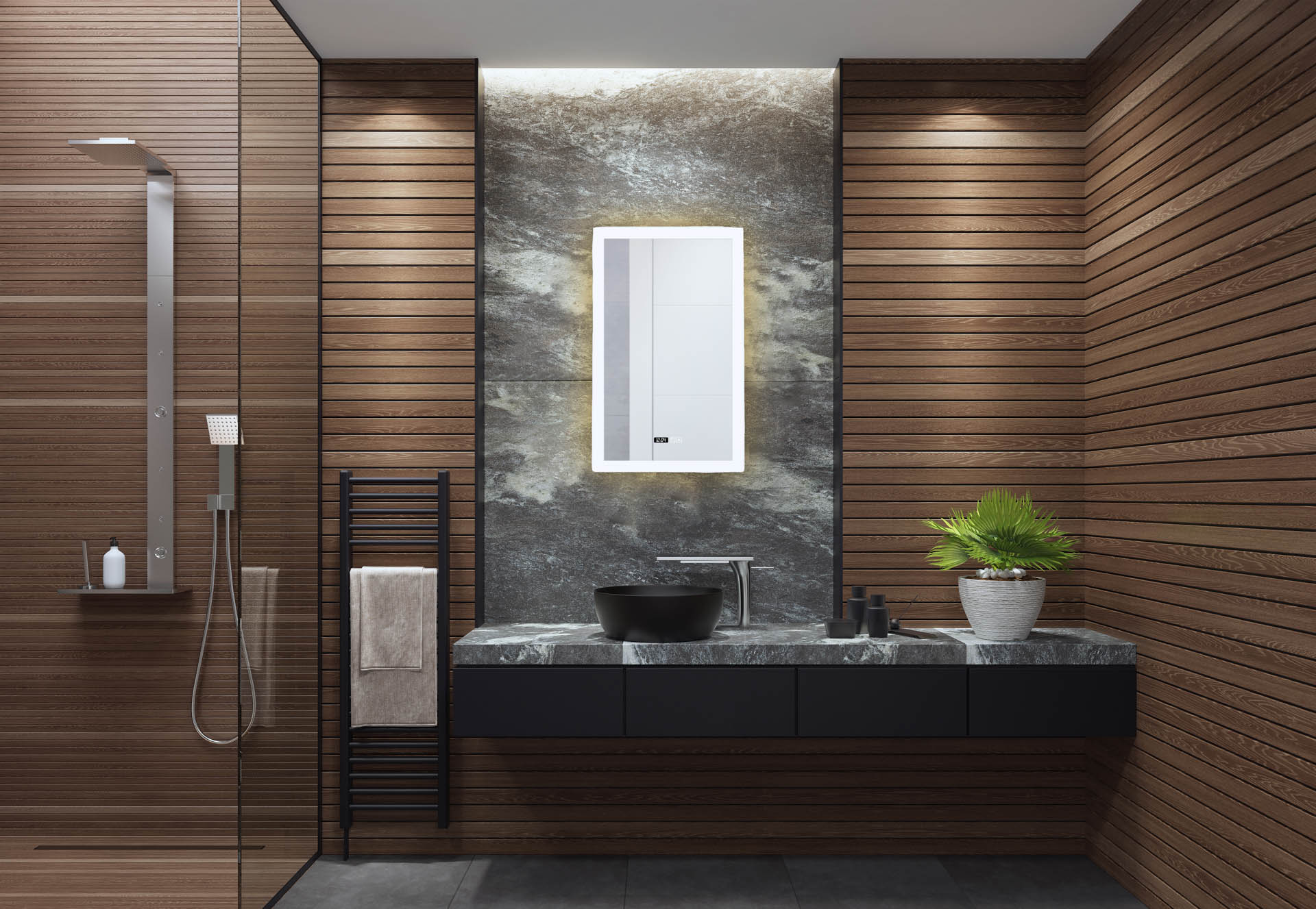 Rectangle Bathroom Mirror-Digital Clock,Demister Pad