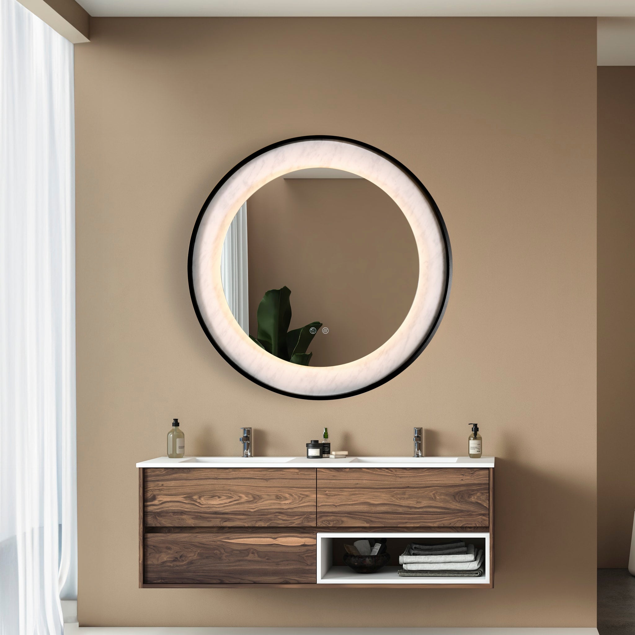 Luxo LED Mirror, Matt Black Metal with Marble Effect