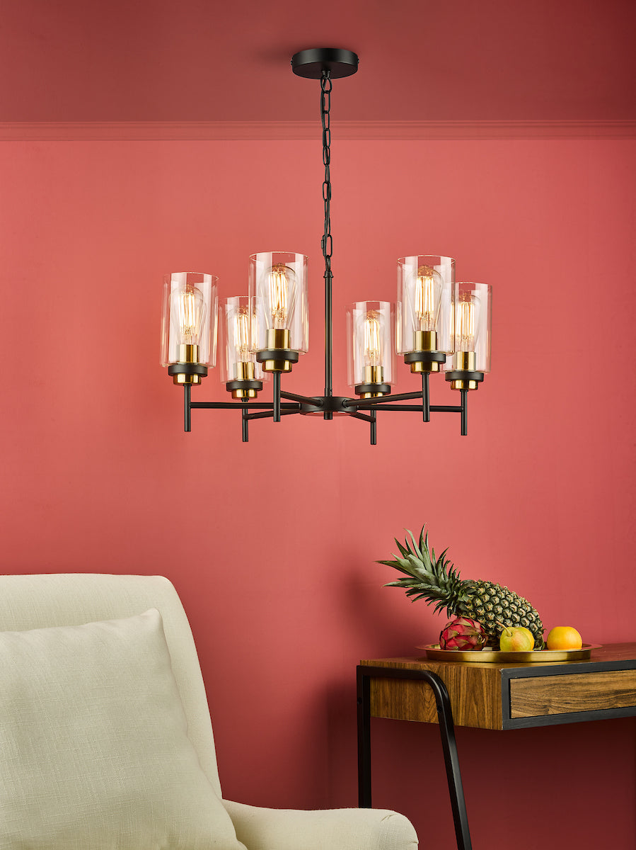 ABEL 6LT PENDANT BLACK & GOLD CW CLEAR GLS