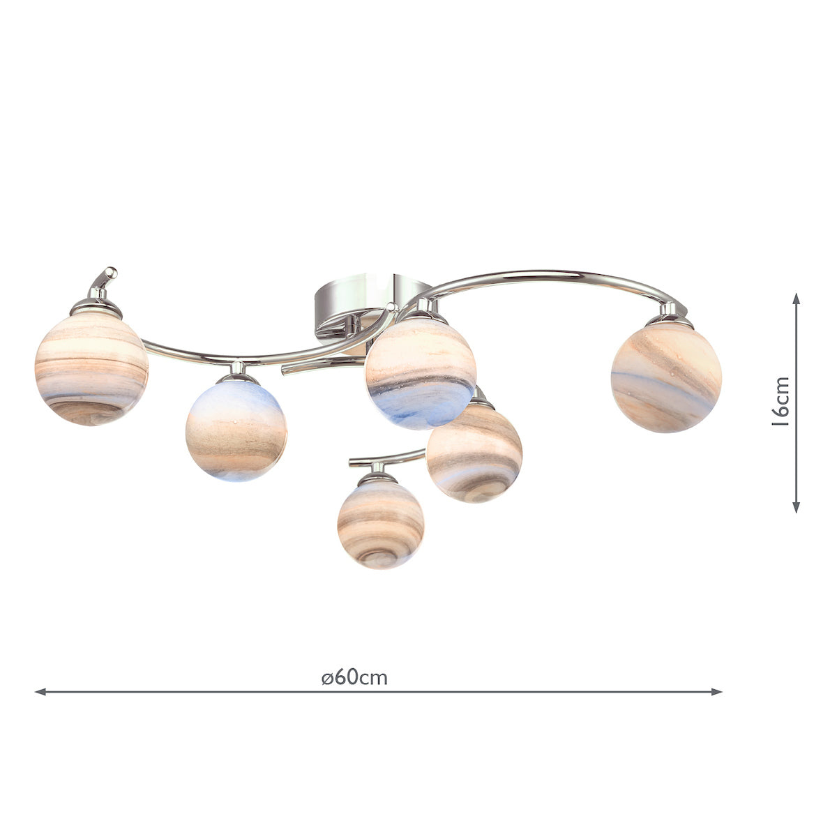 ATIYA 6LT SEMI FLUSH POL CHR CW PLANET GLS