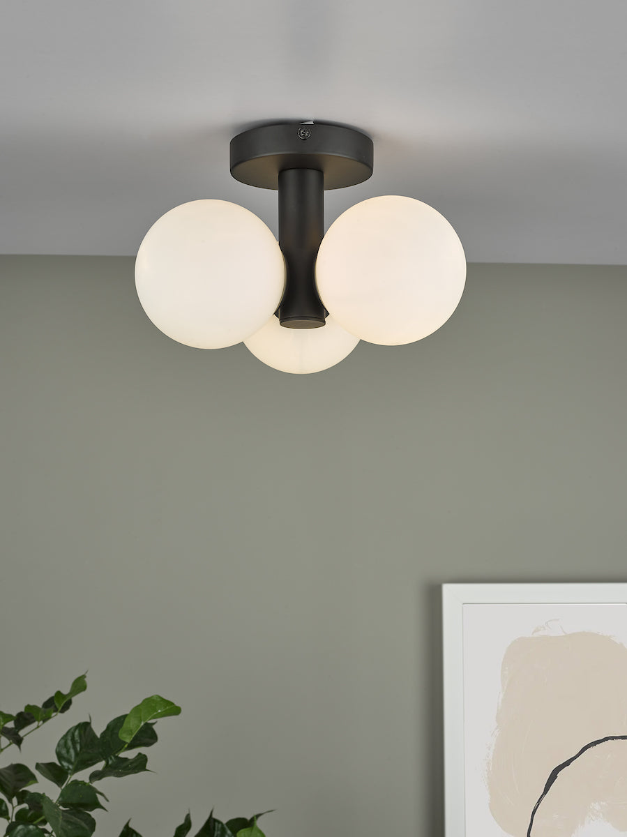 BLAKE 3LT SEMI FLUSH MATT BLACK OPAL GLASS IP44