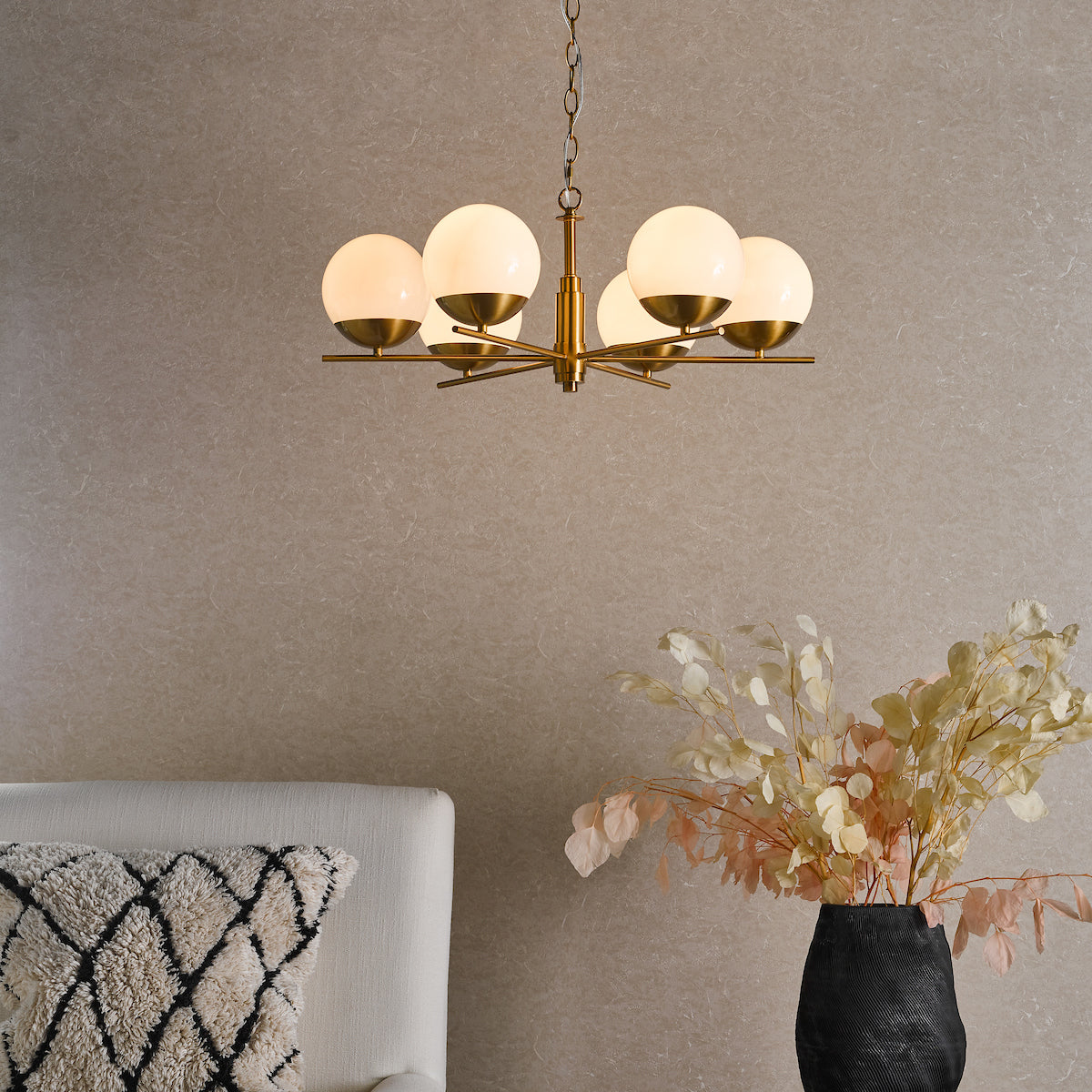 BOMBAZINE 6LT PENDANT NATURAL BRASS CW GLS SHDS