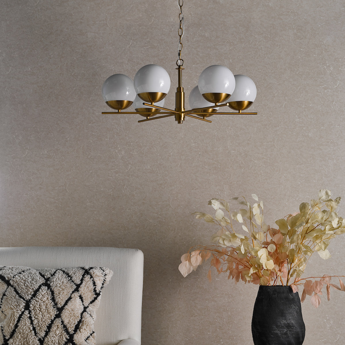 BOMBAZINE 6LT PENDANT NATURAL BRASS CW GLS SHDS