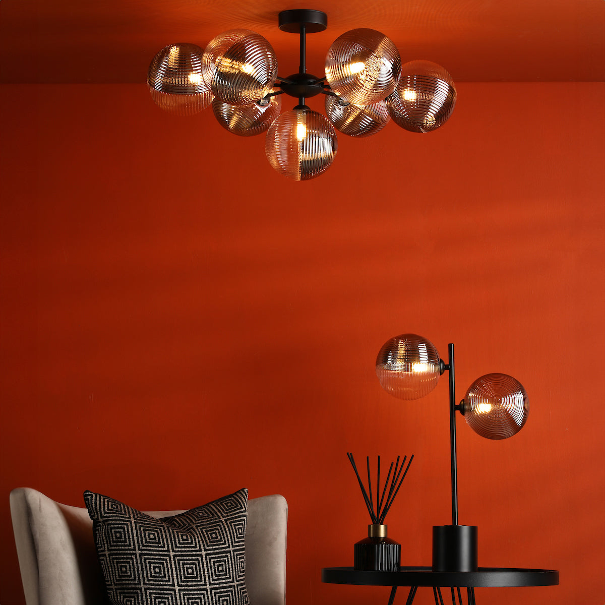 COHEN 7LT SEMI FLUSH MATT BLACK CW SMOKED/CLR GLS