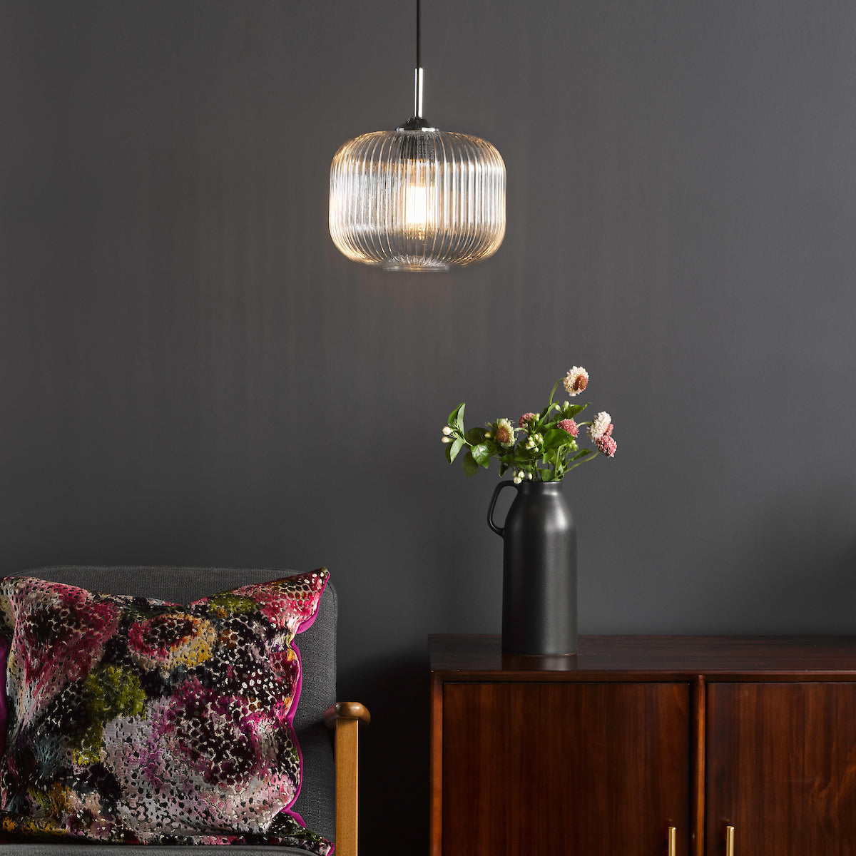 DEMARIUS 1LT PENDANT POL CHR CLEAR GLASS