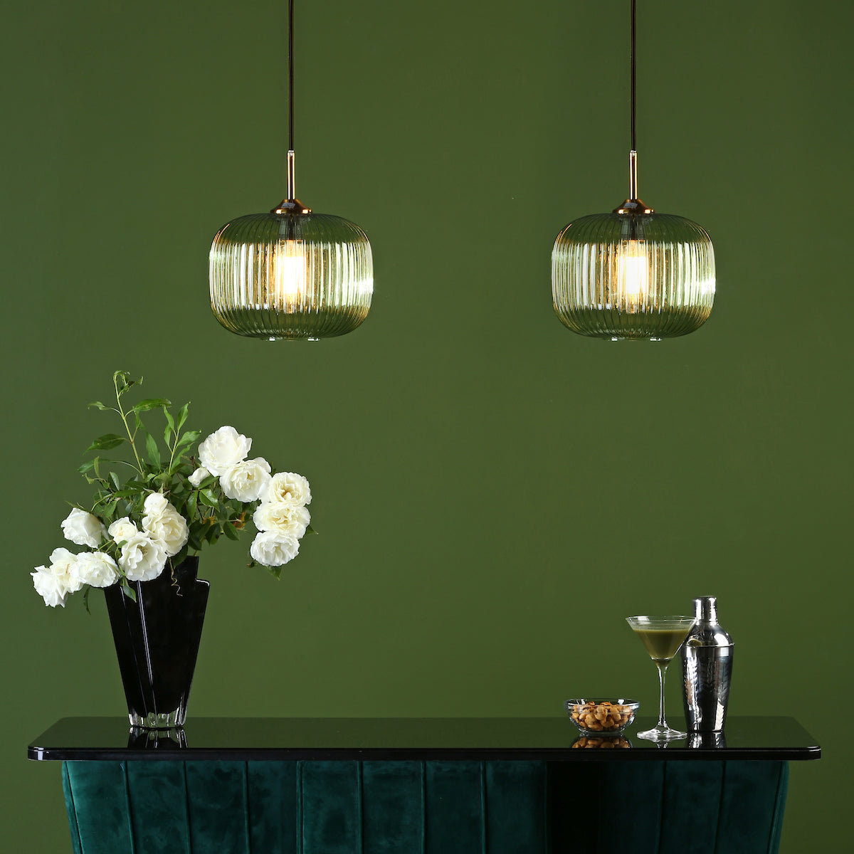 DEMARIUS 1LT PENDANT GREEN GLASS AND BRONZE