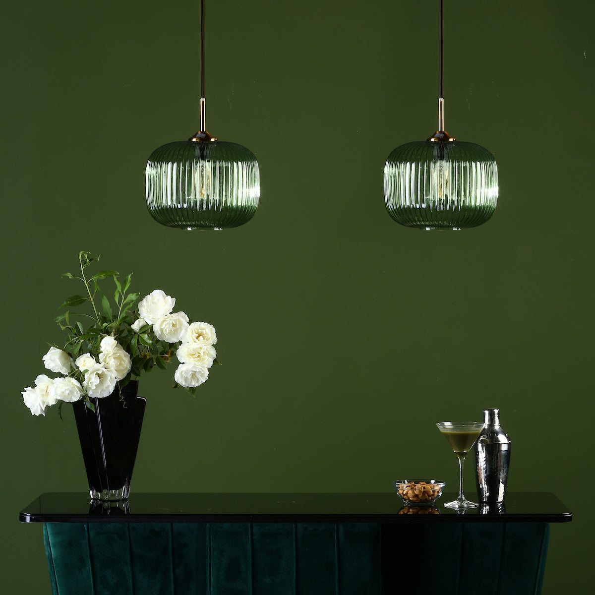 DEMARIUS 1LT PENDANT GREEN GLASS AND BRONZE