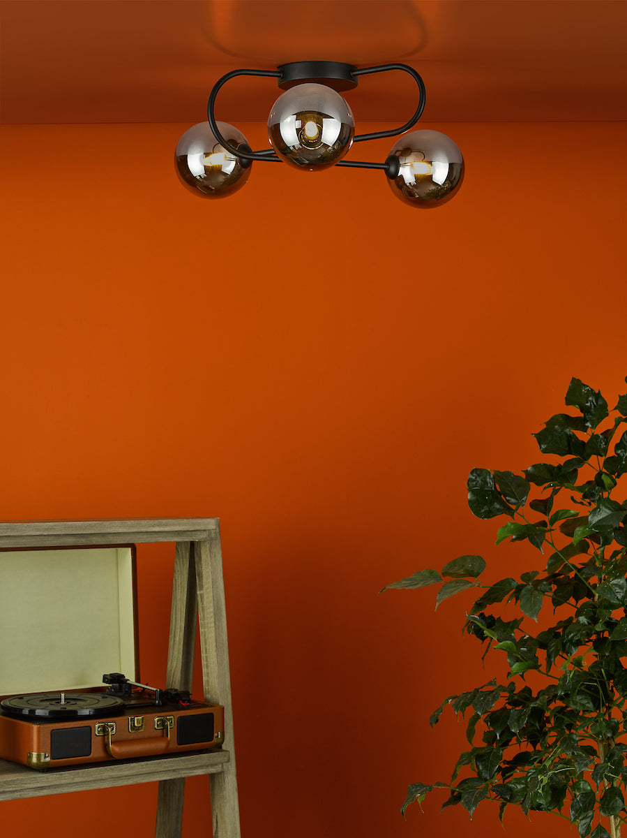 EISSA 3LT SEMI FLUSH MATT BLACK MIRROR SMOKED GLAS