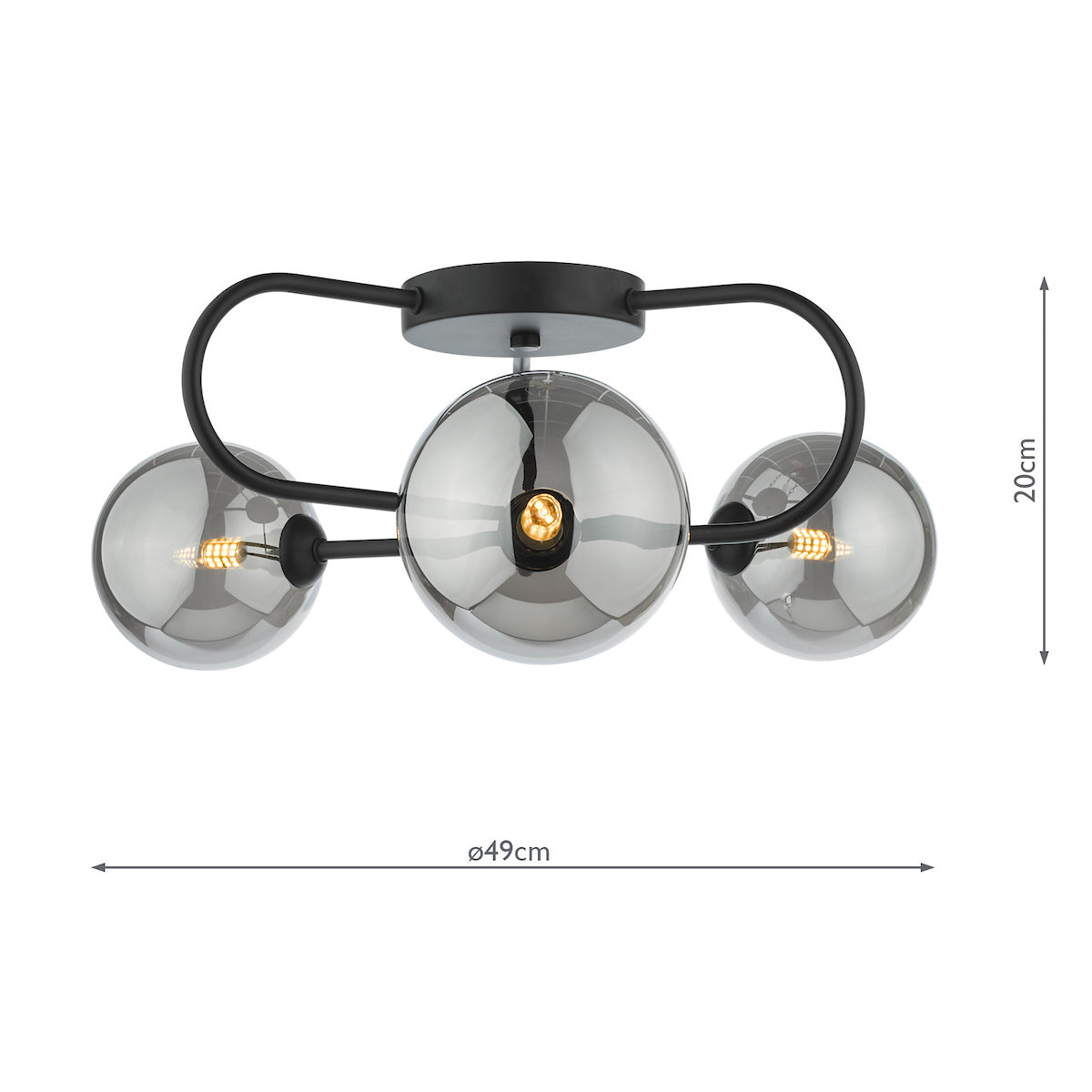 EISSA 3LT SEMI FLUSH MATT BLACK MIRROR SMOKED GLAS