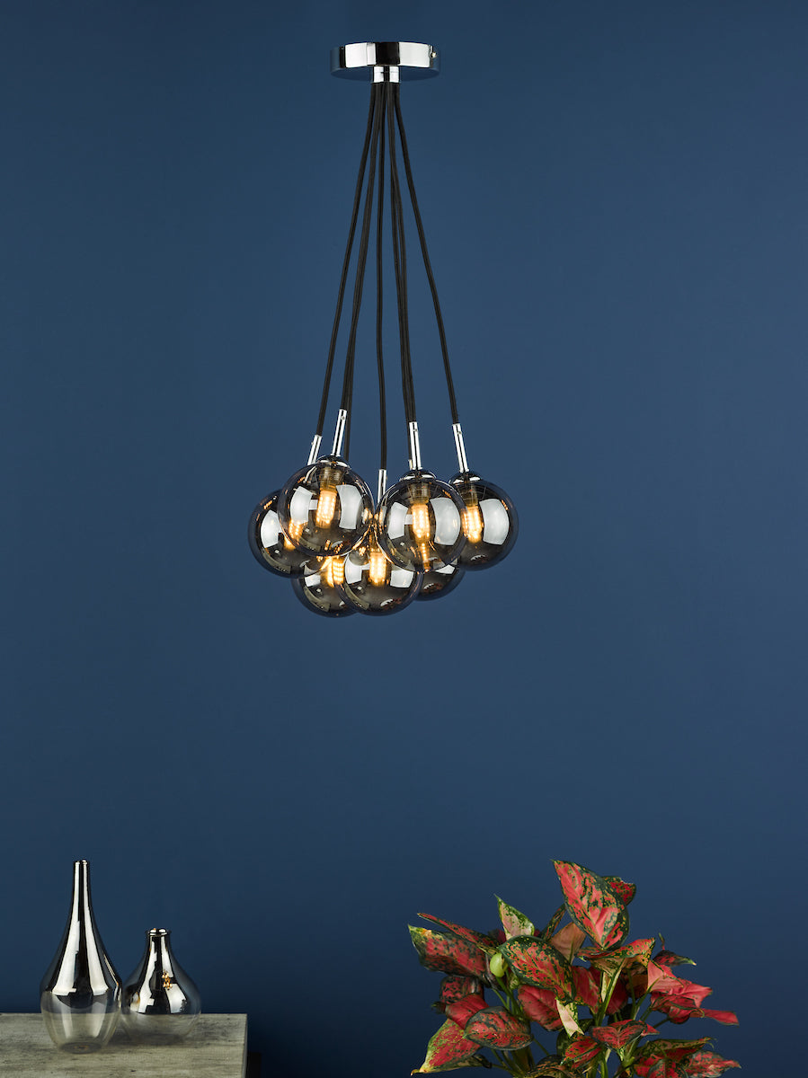 ELPIS 7LT CLUSTER PENDANT POL CHR CW SMOKED GLASS
