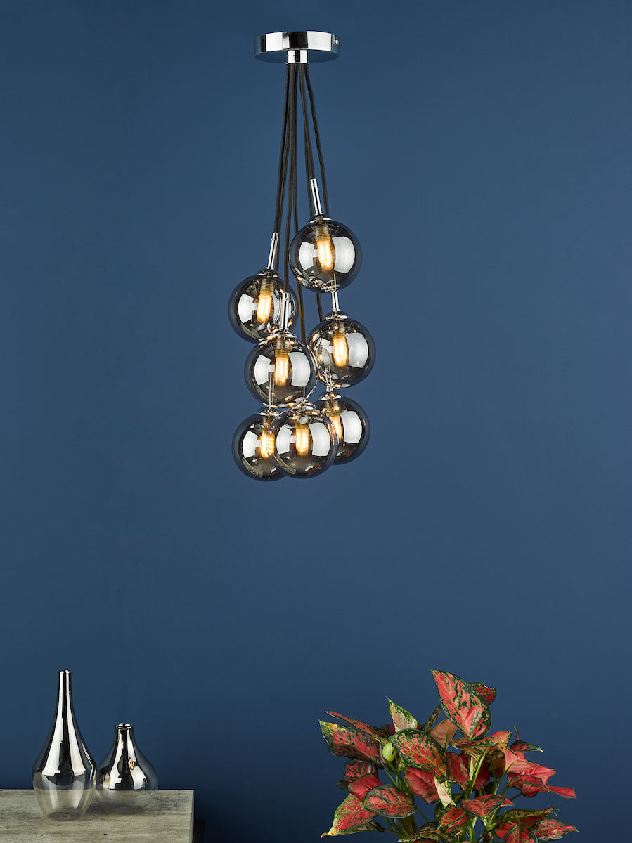 ELPIS 7LT CLUSTER PENDANT POL CHR CW SMOKED GLASS