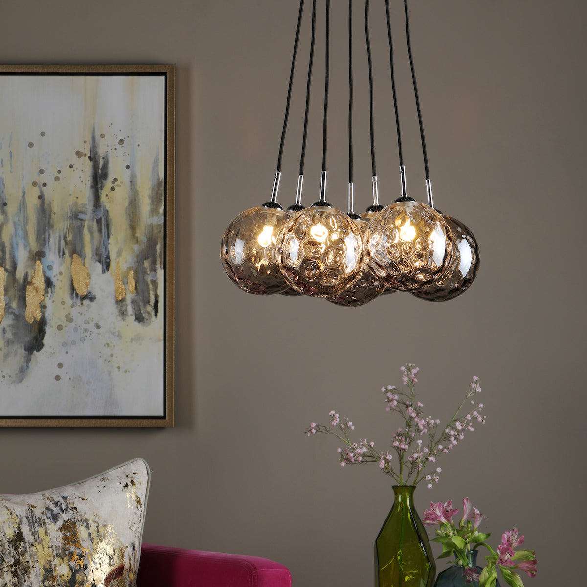ELPIS 7LT CLUSTER PENDANT POL CHR CW SMOKED GLS 15