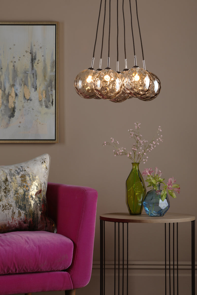 ELPIS 7LT CLUSTER PENDANT POL CHR CW SMOKED GLS 15