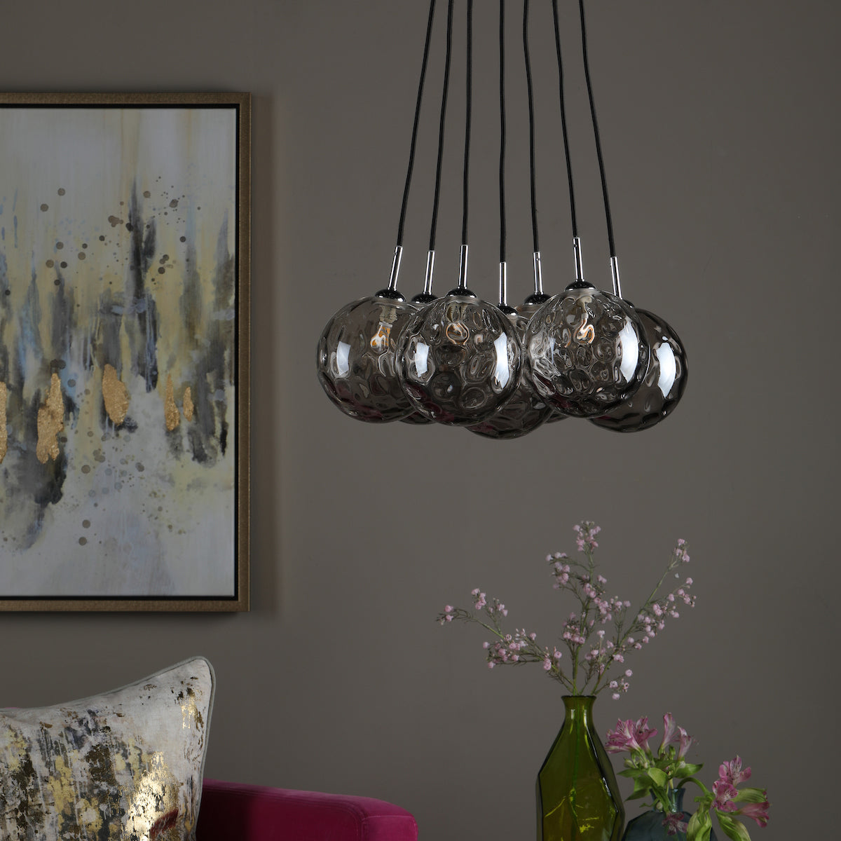 ELPIS 7LT CLUSTER PENDANT POL CHR CW SMOKED GLS 15