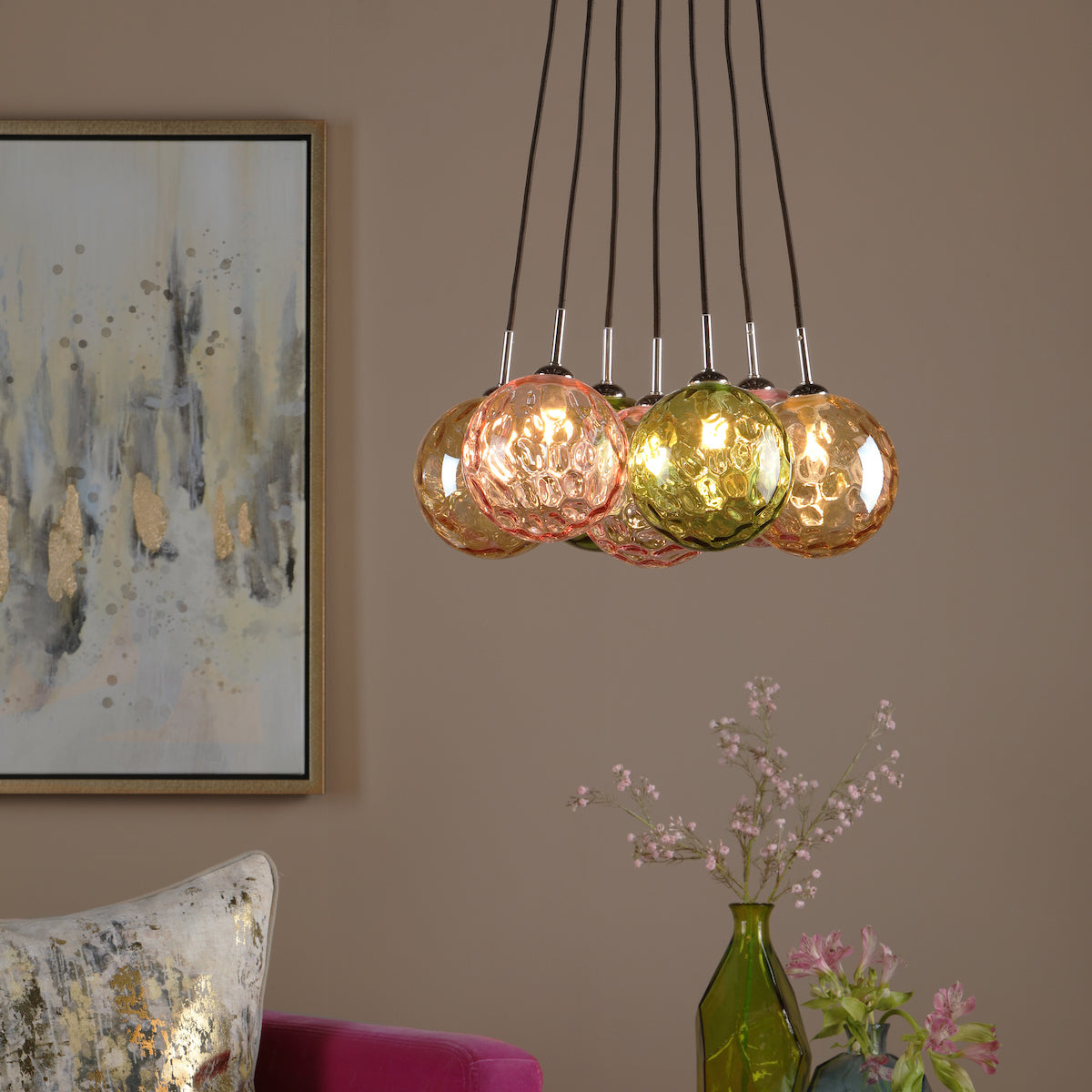 ELPIS 7LT CLUSTER PENDANT POL CHR CW MIXED GLS