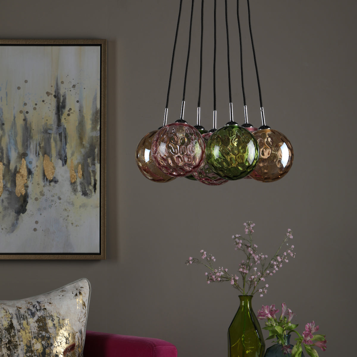 ELPIS 7LT CLUSTER PENDANT POL CHR CW MIXED GLS