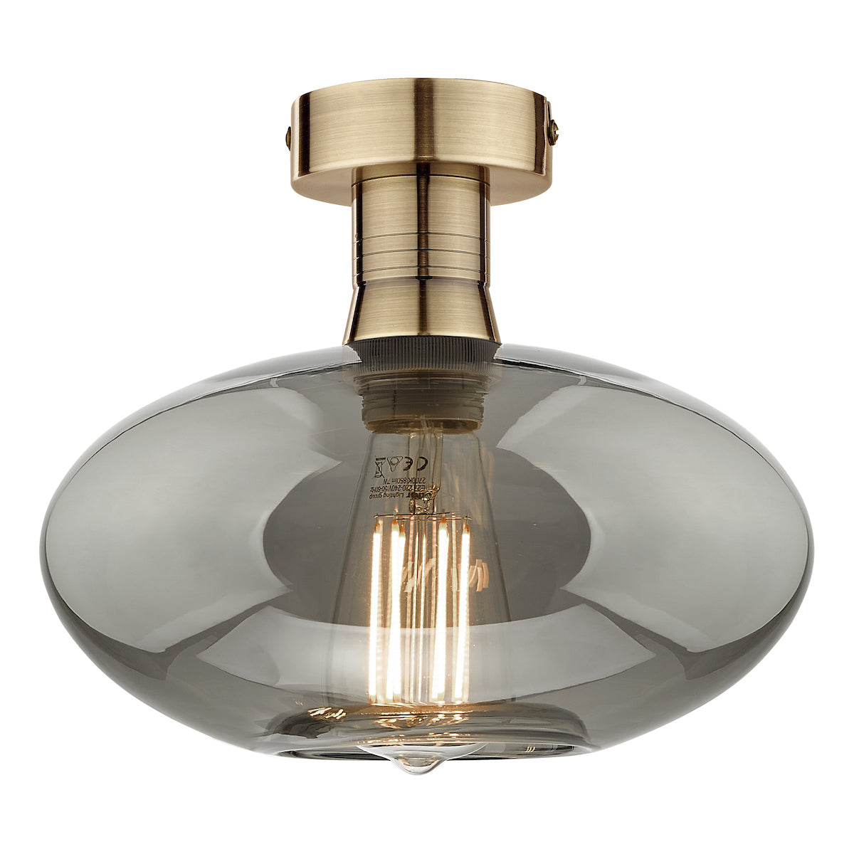 EMERSON 1LT SEMI FLUSH ANTIQUE BRASS CW SMOKED GLA