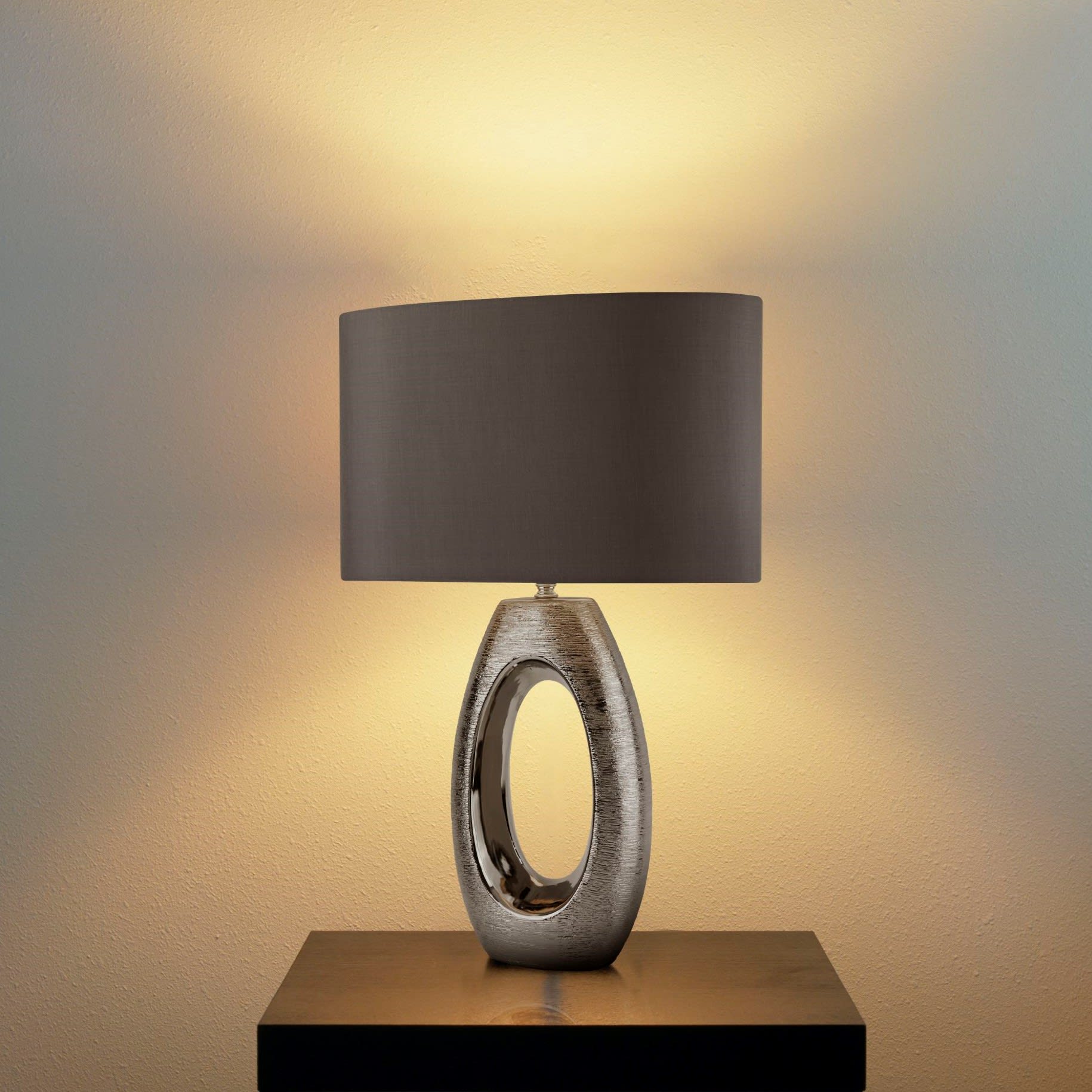 Artisan Table Lamp - Ceramic, Chrome & Grey Faux Silk Shade