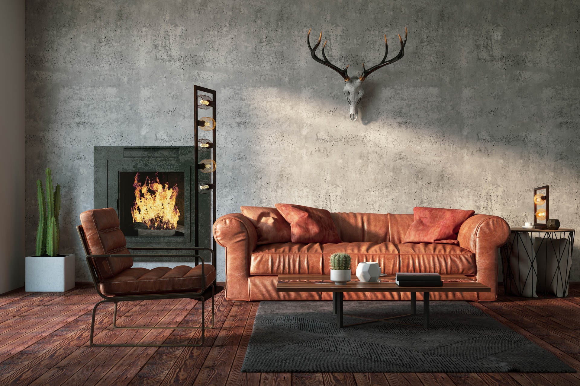 Oblong  Floor Lamp - Rustic Brown Metal