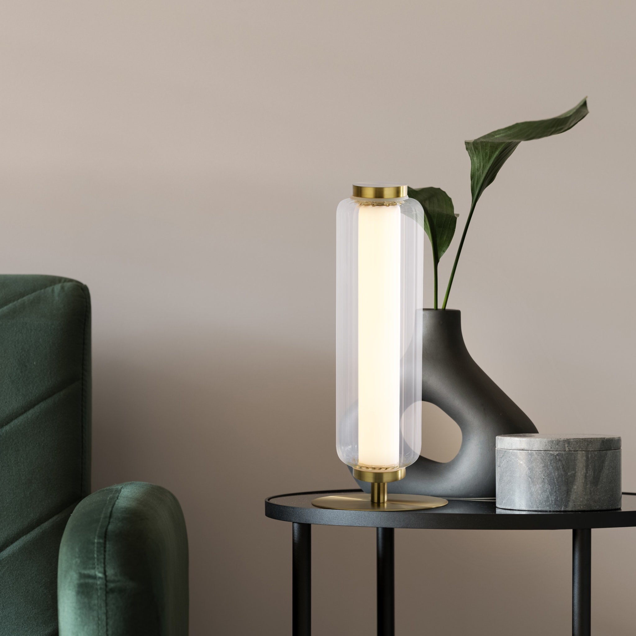 Mod LED Table Lamp, Satin Brass Metal, Opal Acrylic & Clear