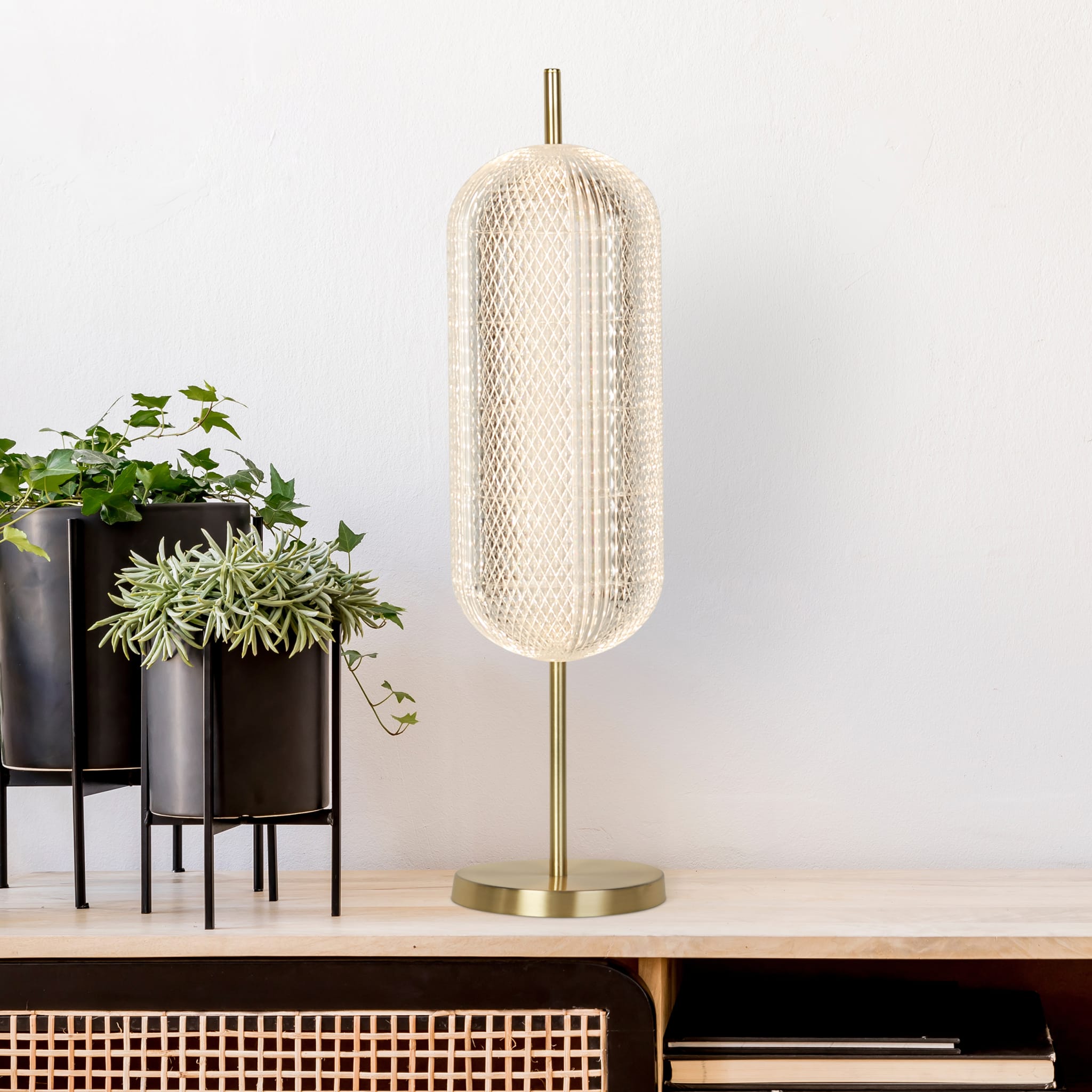 Capsule LED Table Lamp, Satin Brass Metal and Acrylic Shade