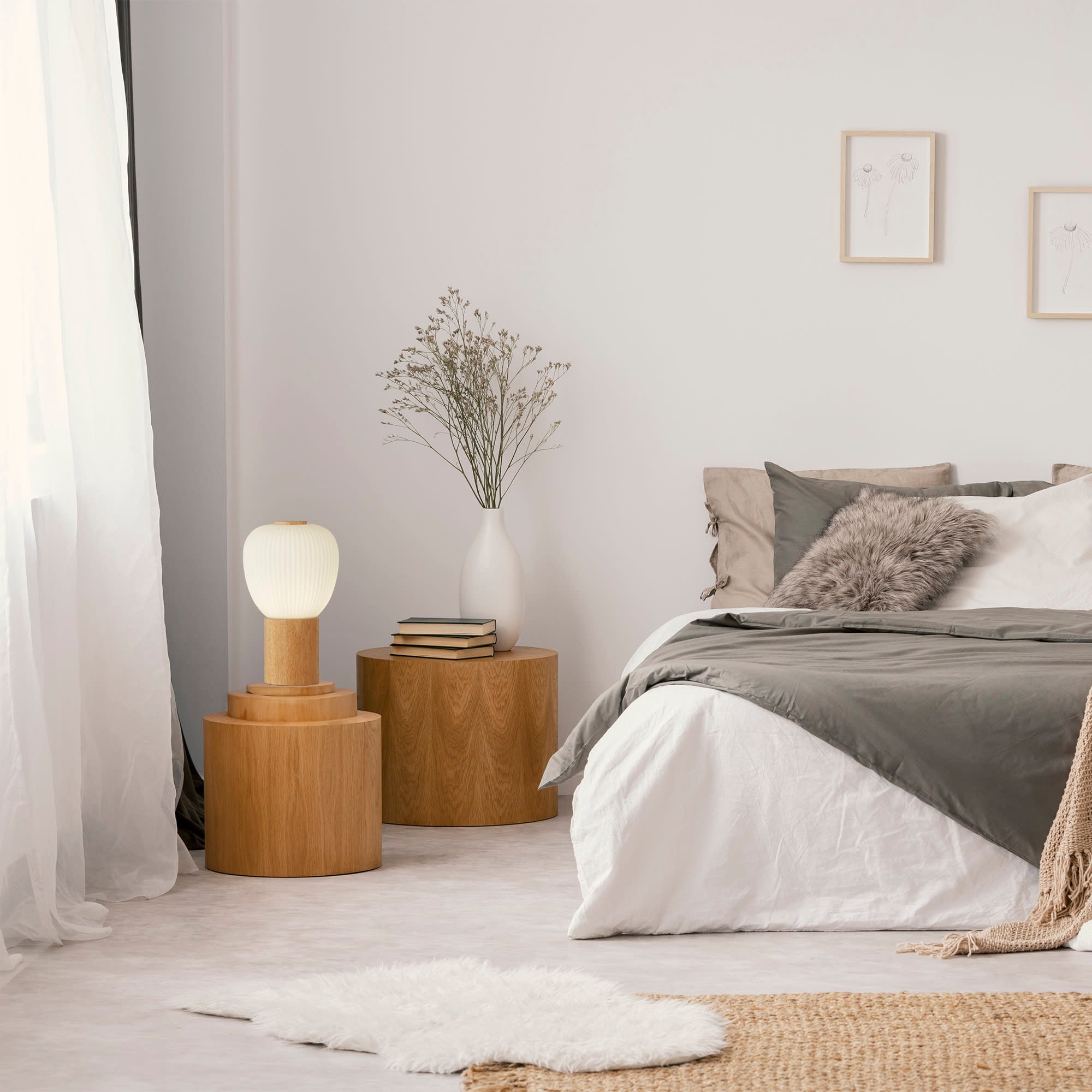 Ella Table Lamp - Wood & Opal Ribbed Glass