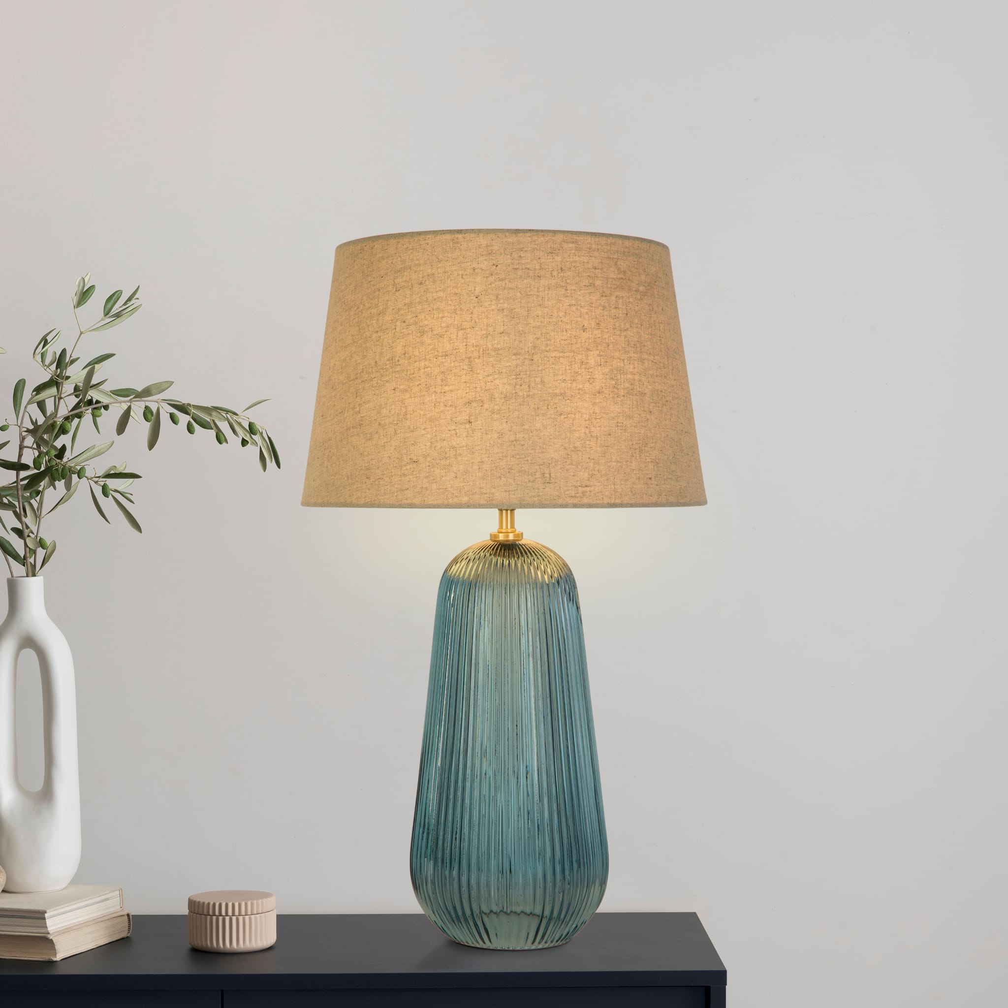 Cameo 1Lt Table Lamp, Blue Glass with Natural Linen Shade