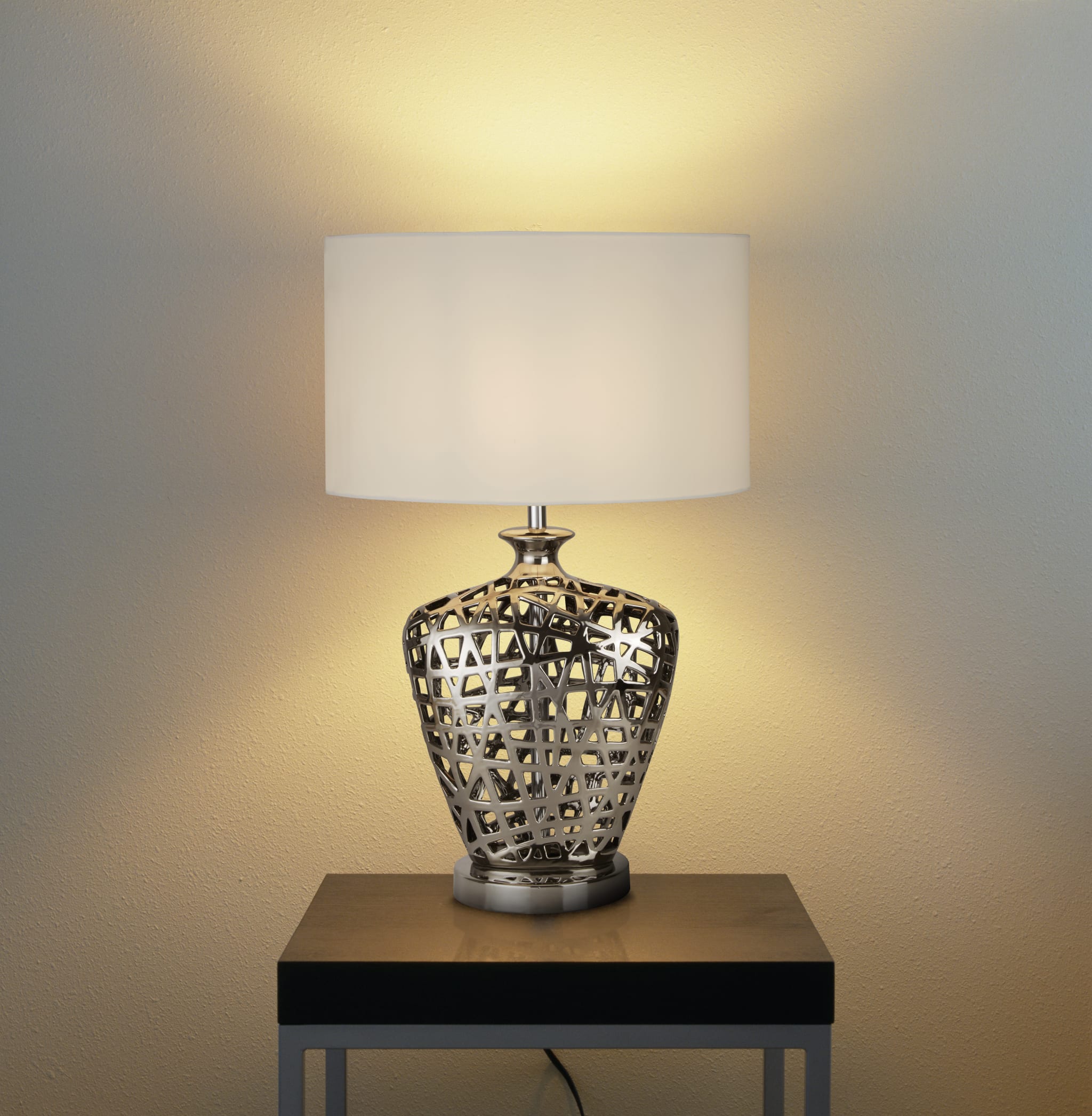 Network Table Lamp - Chrome Ceramic& Black Fabric Oval Shade