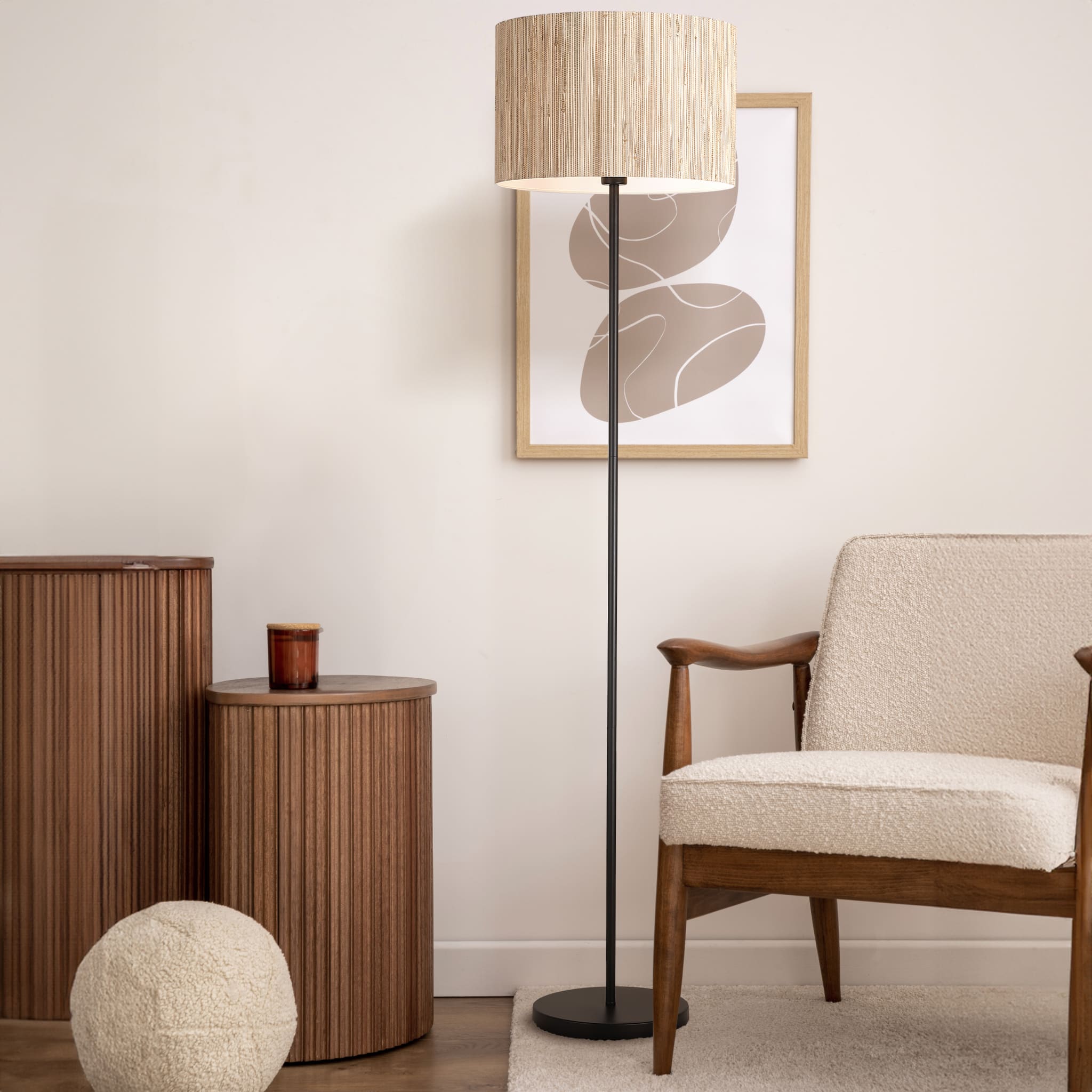 Meadow 1Lt Floor Lamp, Natural Grass Shade and Black Metal